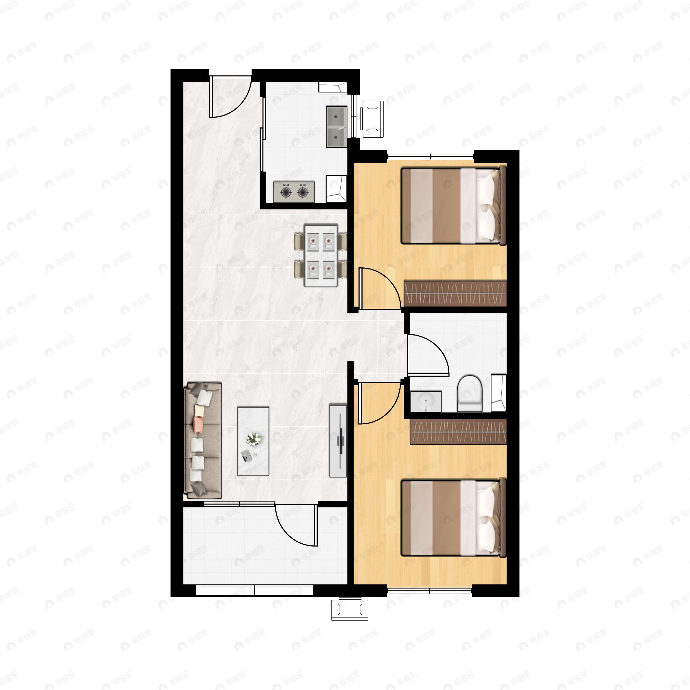 2室2厅1卫建面80平南|北户型图