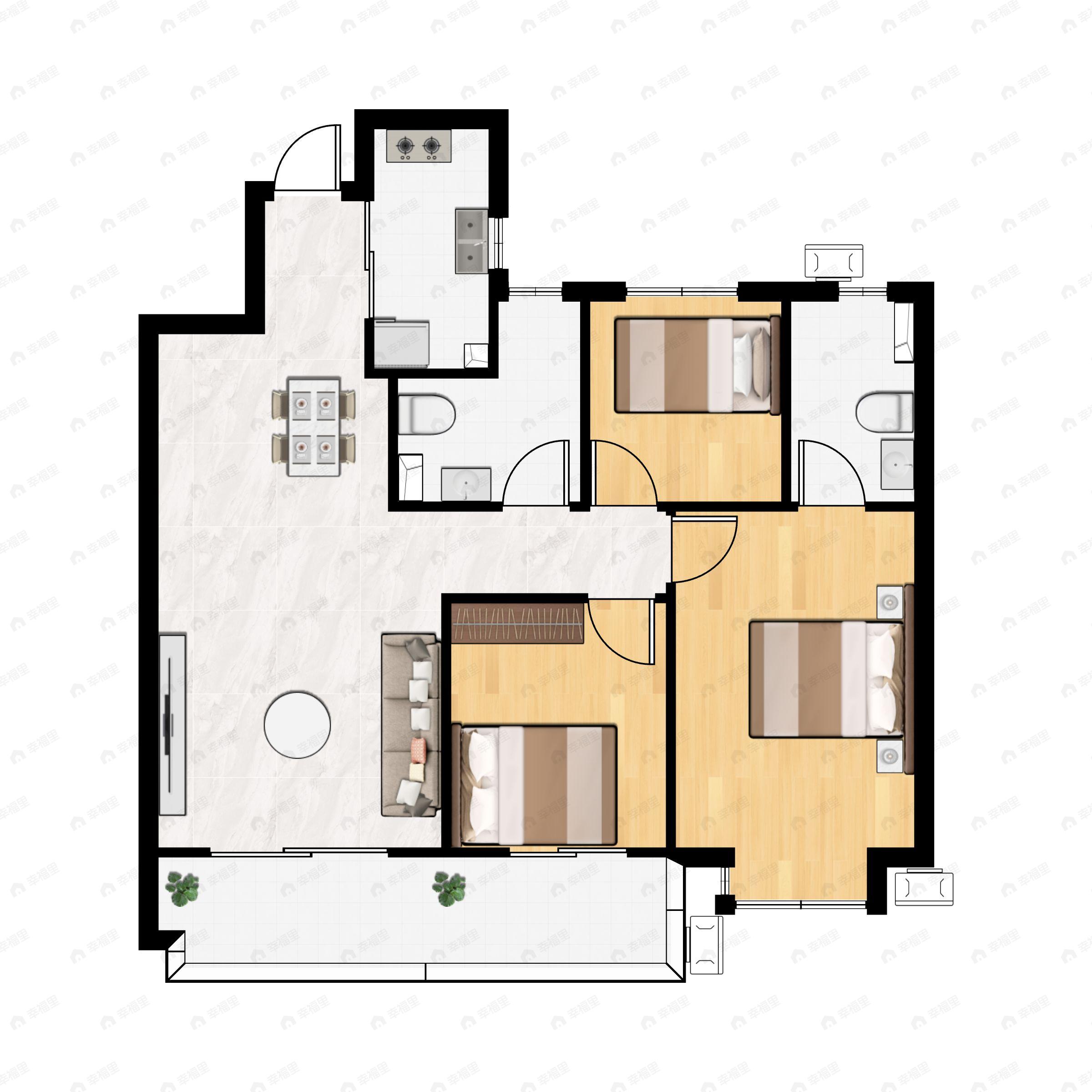 3室2厅2卫建面107m²南户型图