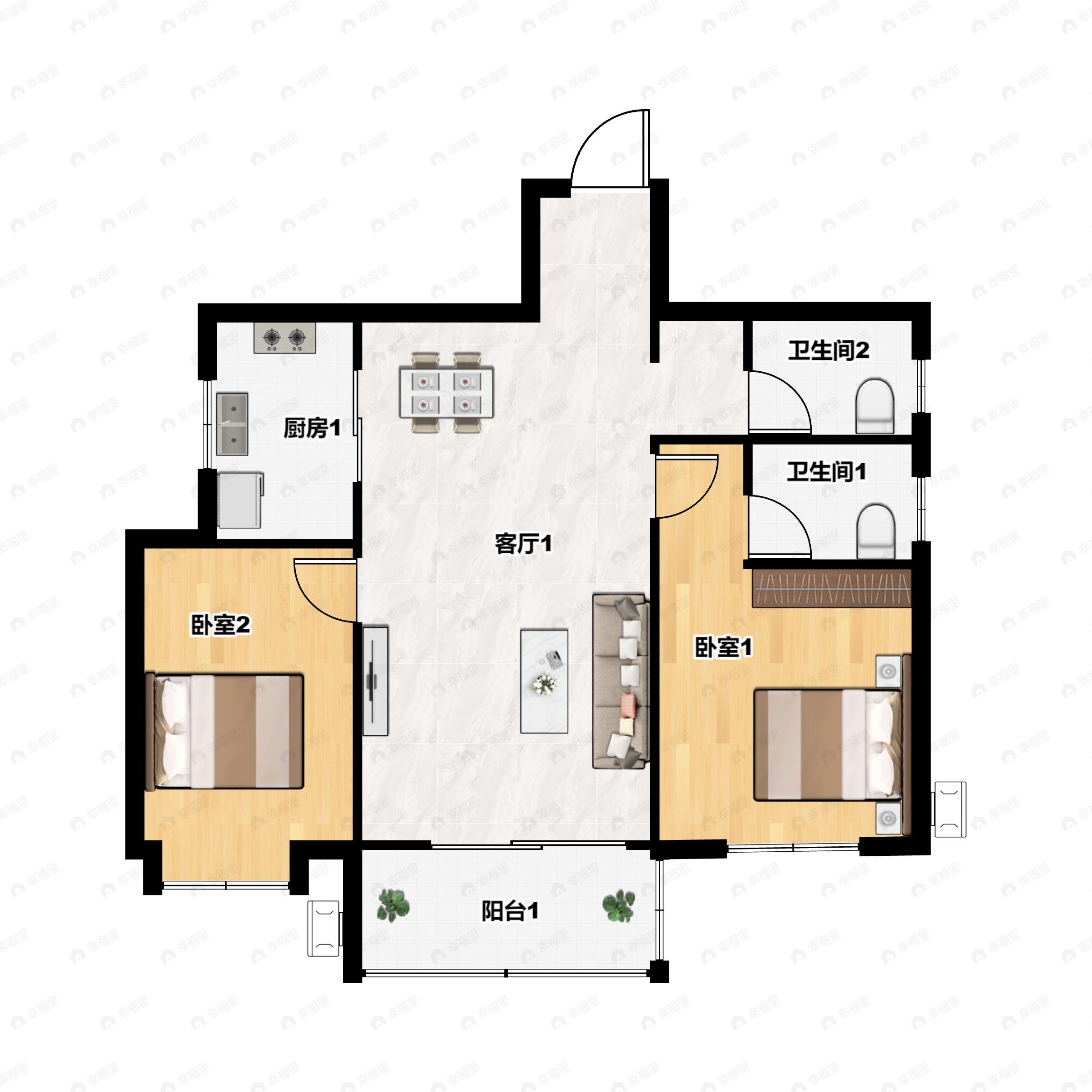 2室2厅2卫建面106平西|南|东户型图