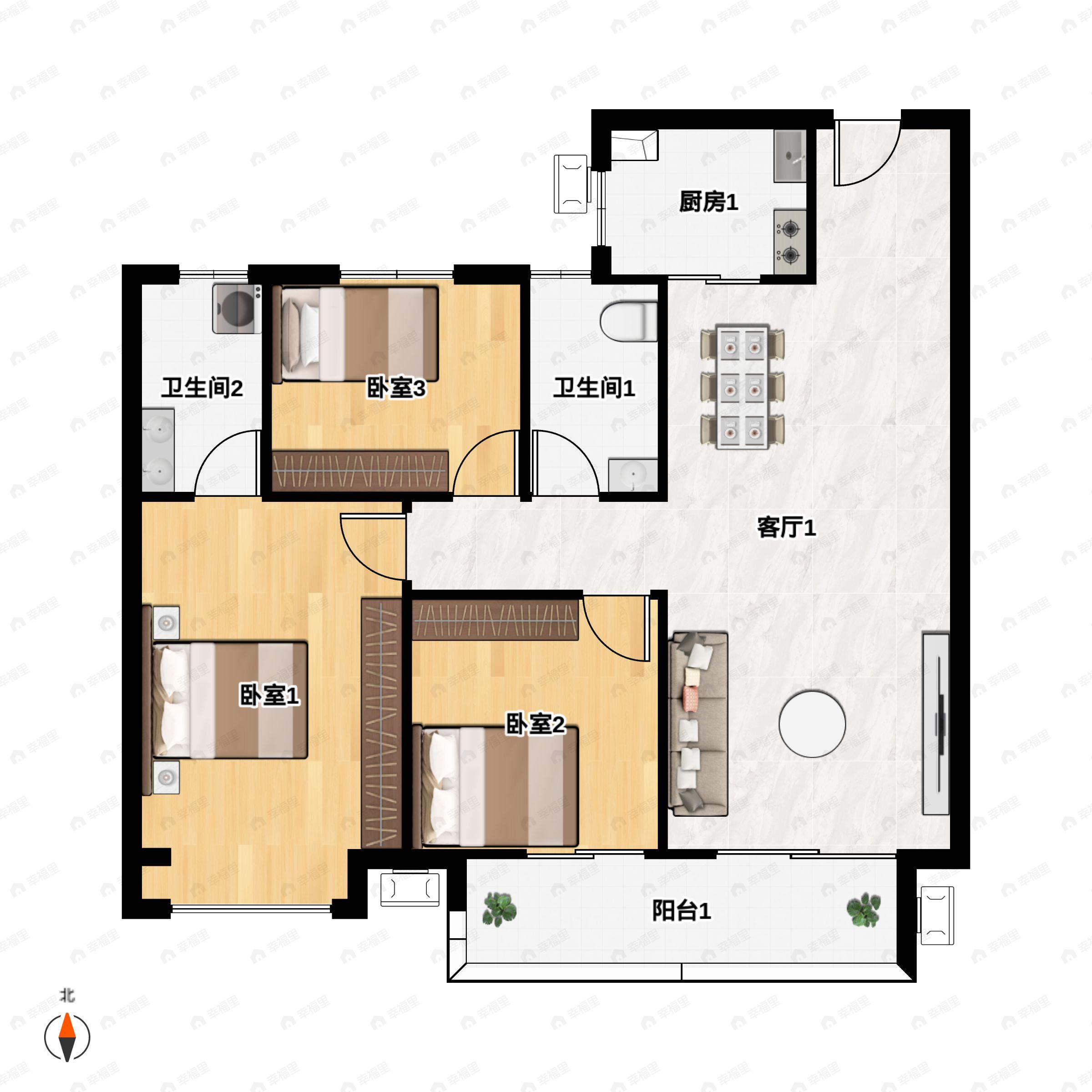 3室2厅2卫建面121m²南户型图