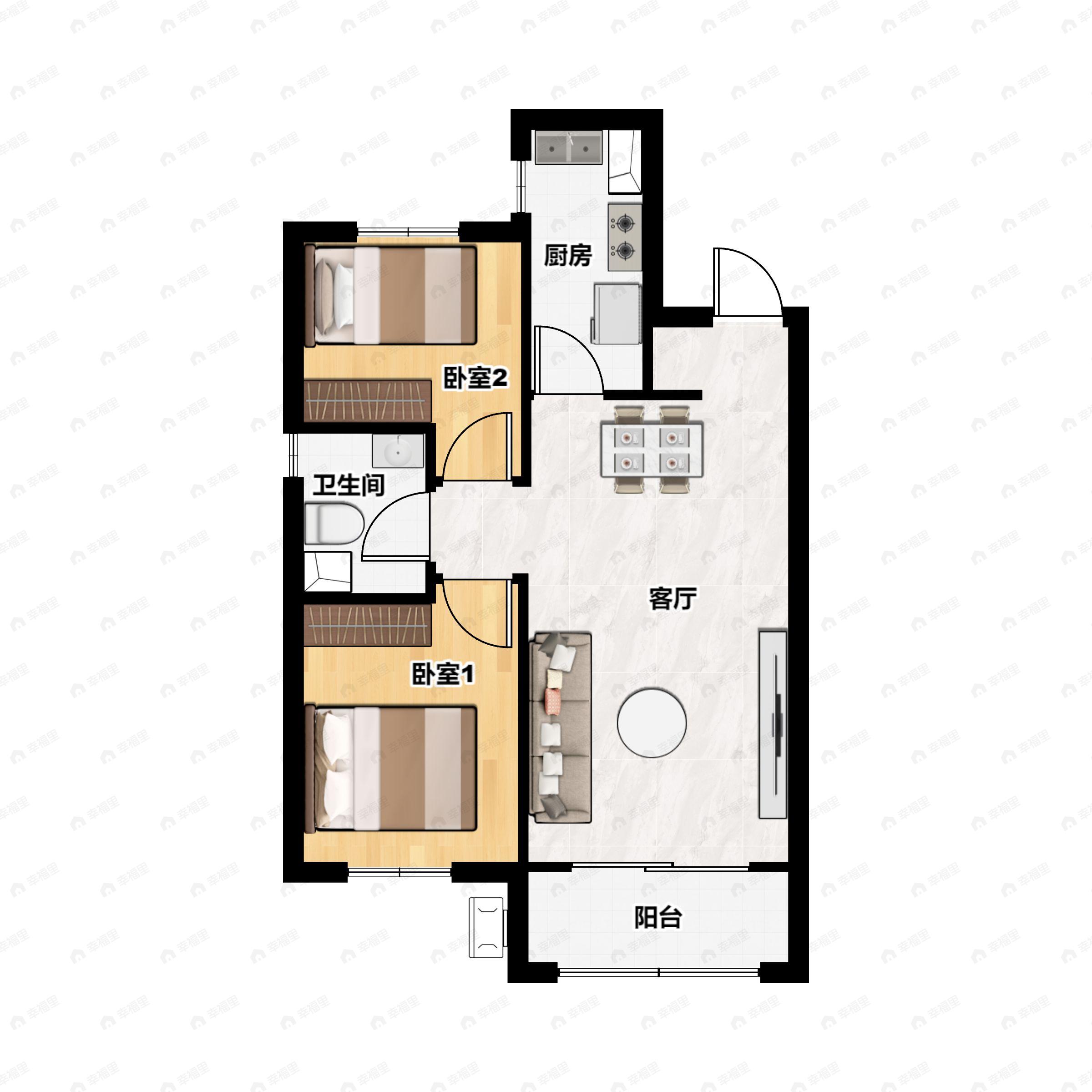 2室2厅1卫建面92m²北|南户型图