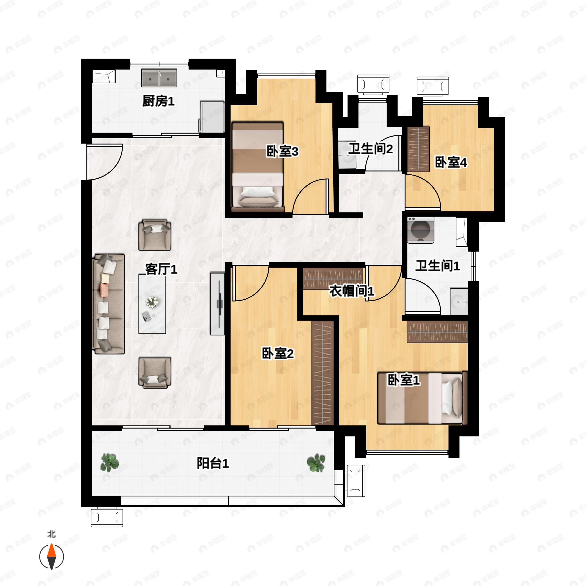 4室2厅2卫建面125平南户型图