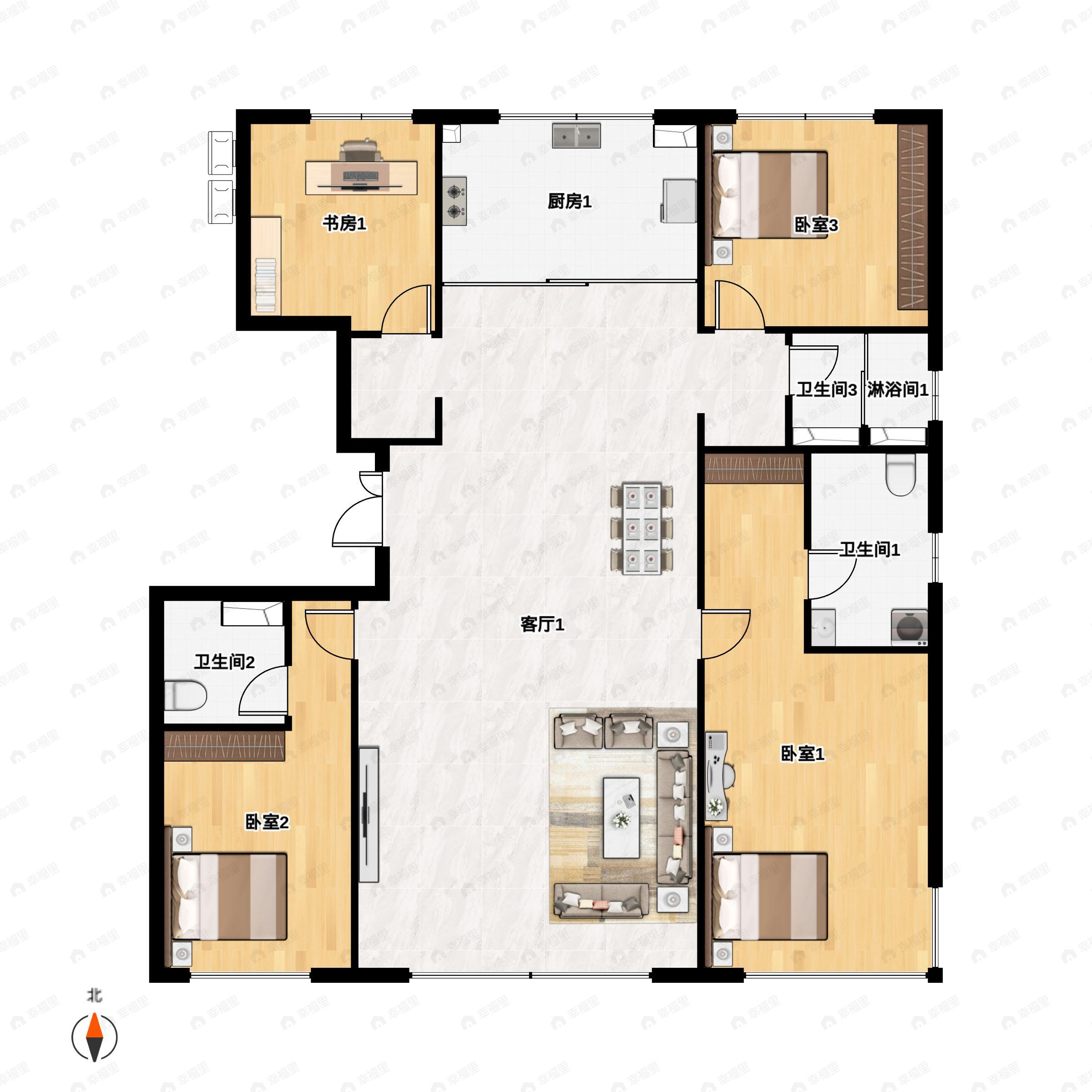 4室2厅3卫建面192m²南|北户型图