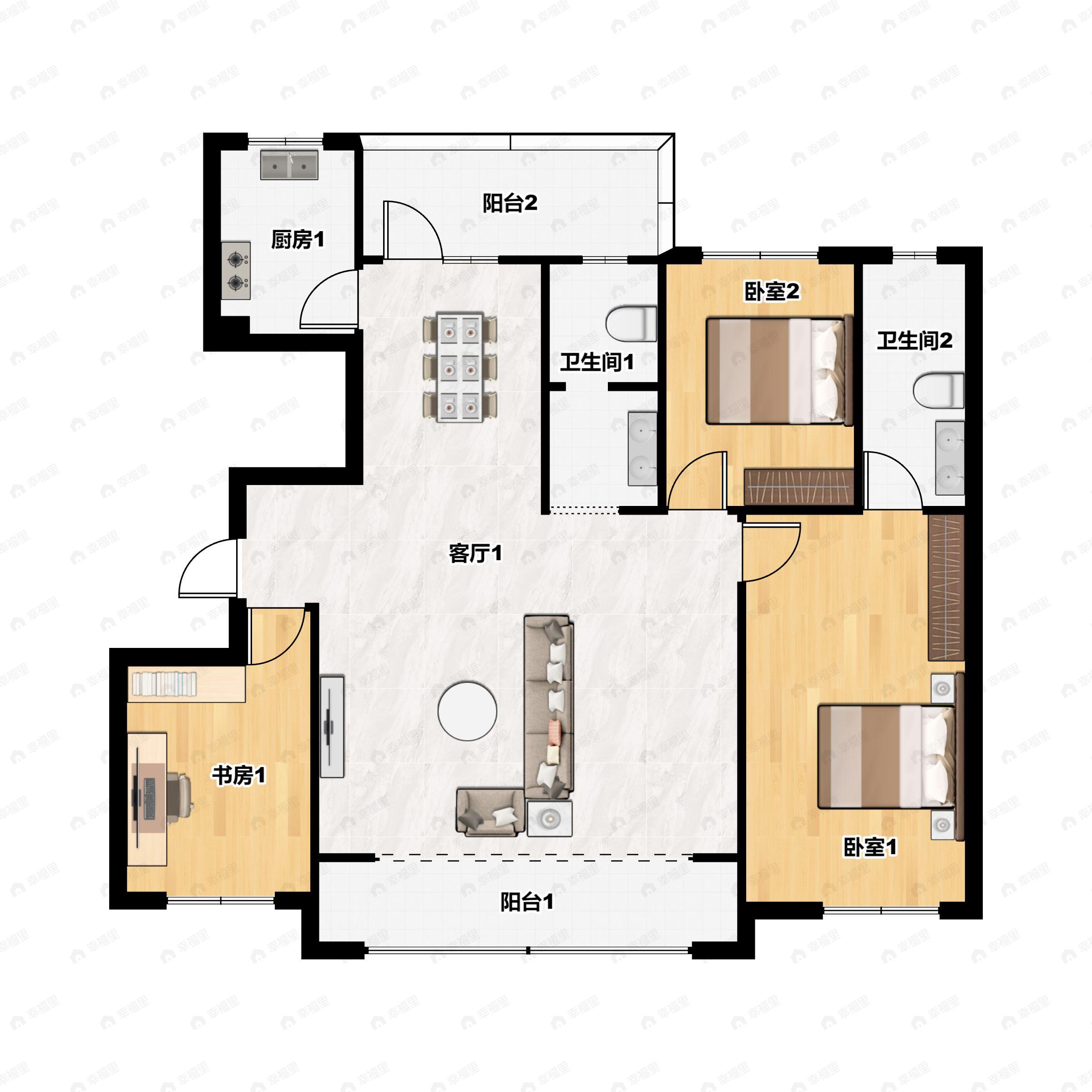 3室2厅2卫建面143m²北|南户型图