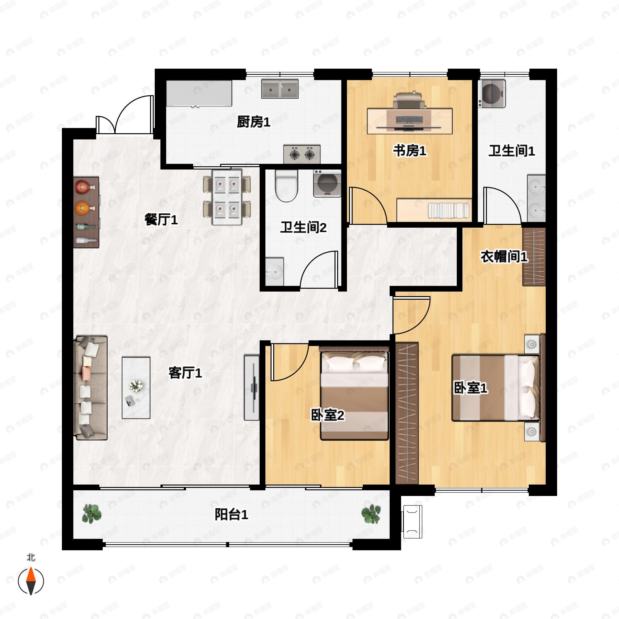 3室2厅2卫建面123m²北|南户型图