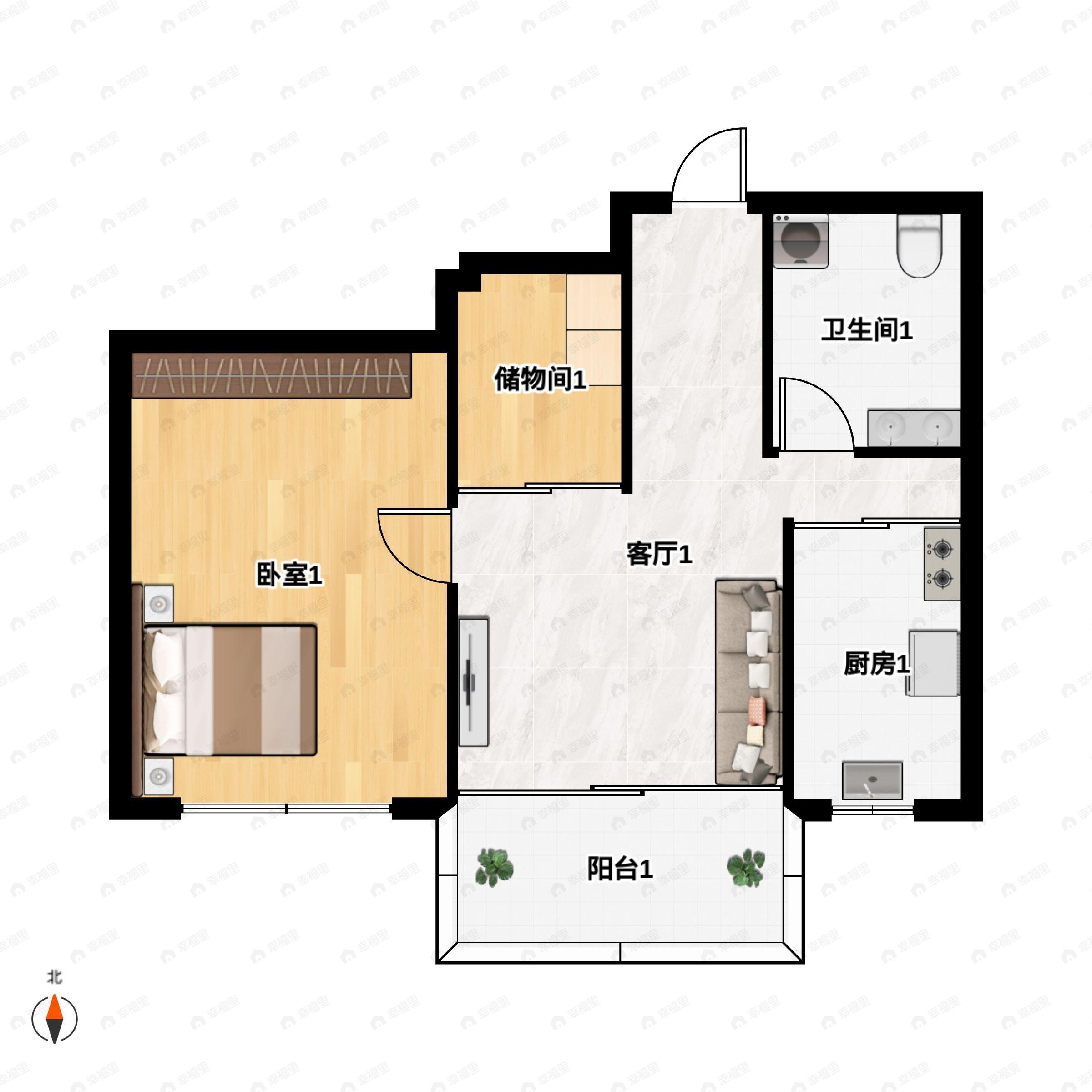 1室2厅1卫建面57平户型图