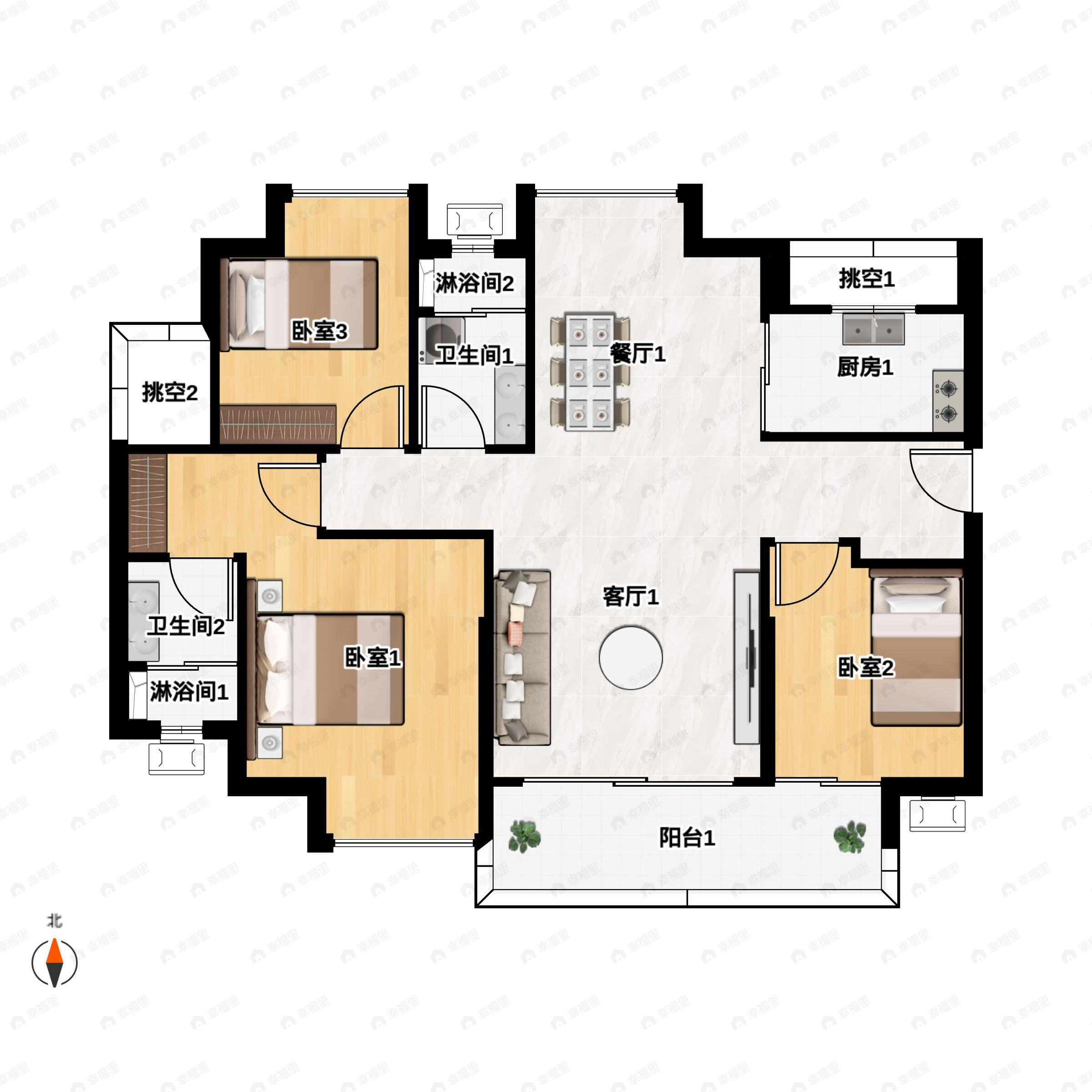 俊怡庐山御府3室2厅2卫户型图