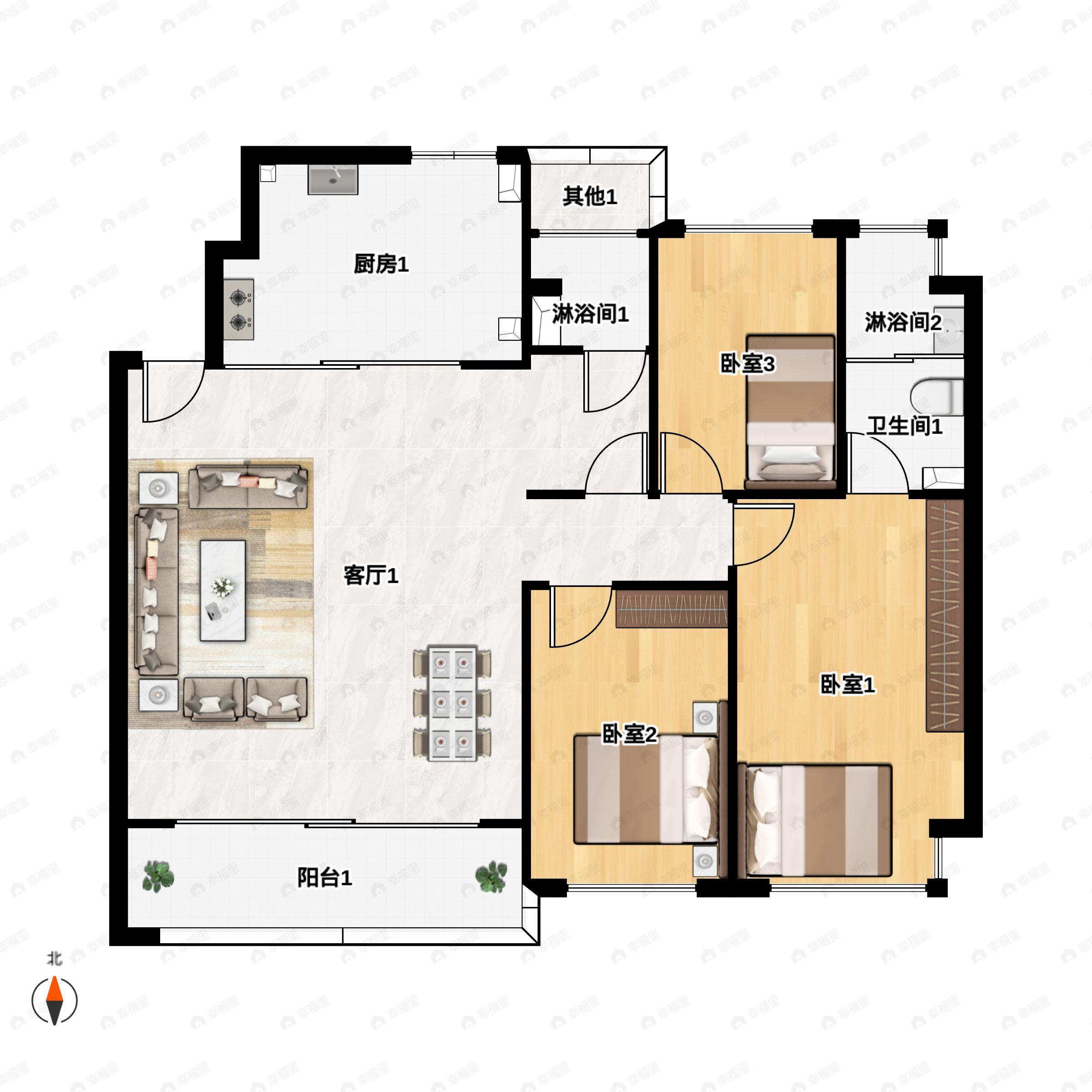 3室2厅2卫建面122平户型图