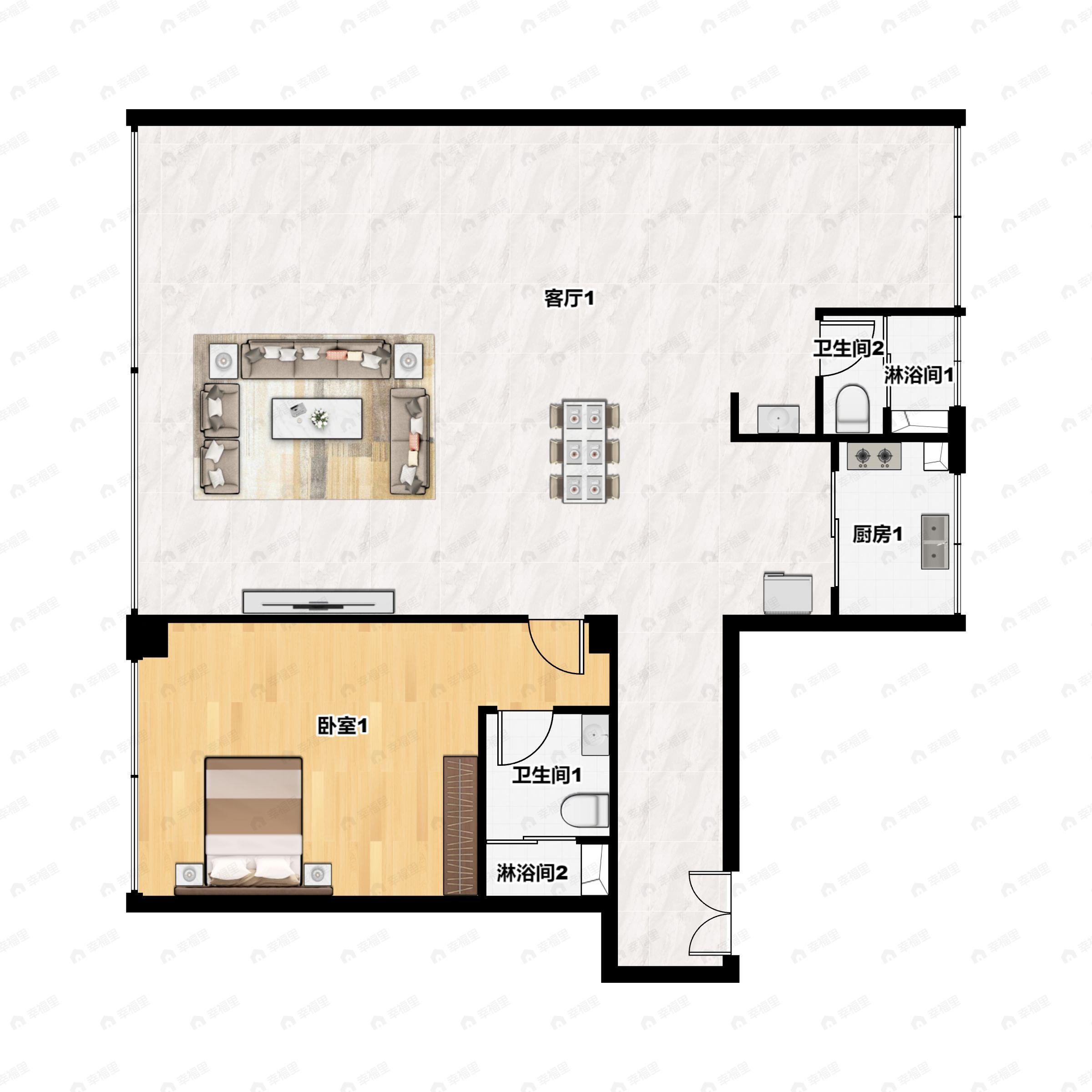 1室2厅2卫建面178m²西户型图