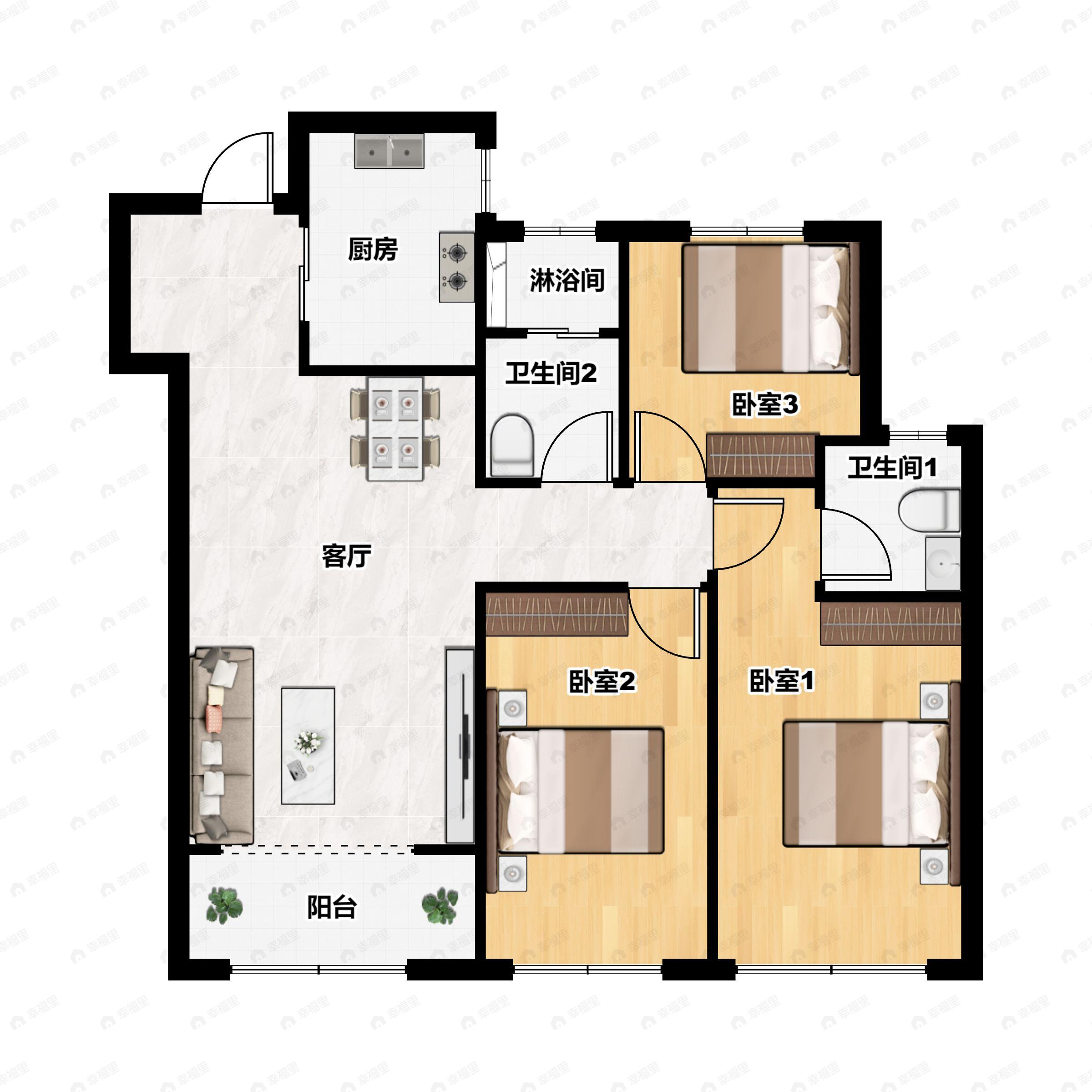 3室2厅2卫建面109平户型图