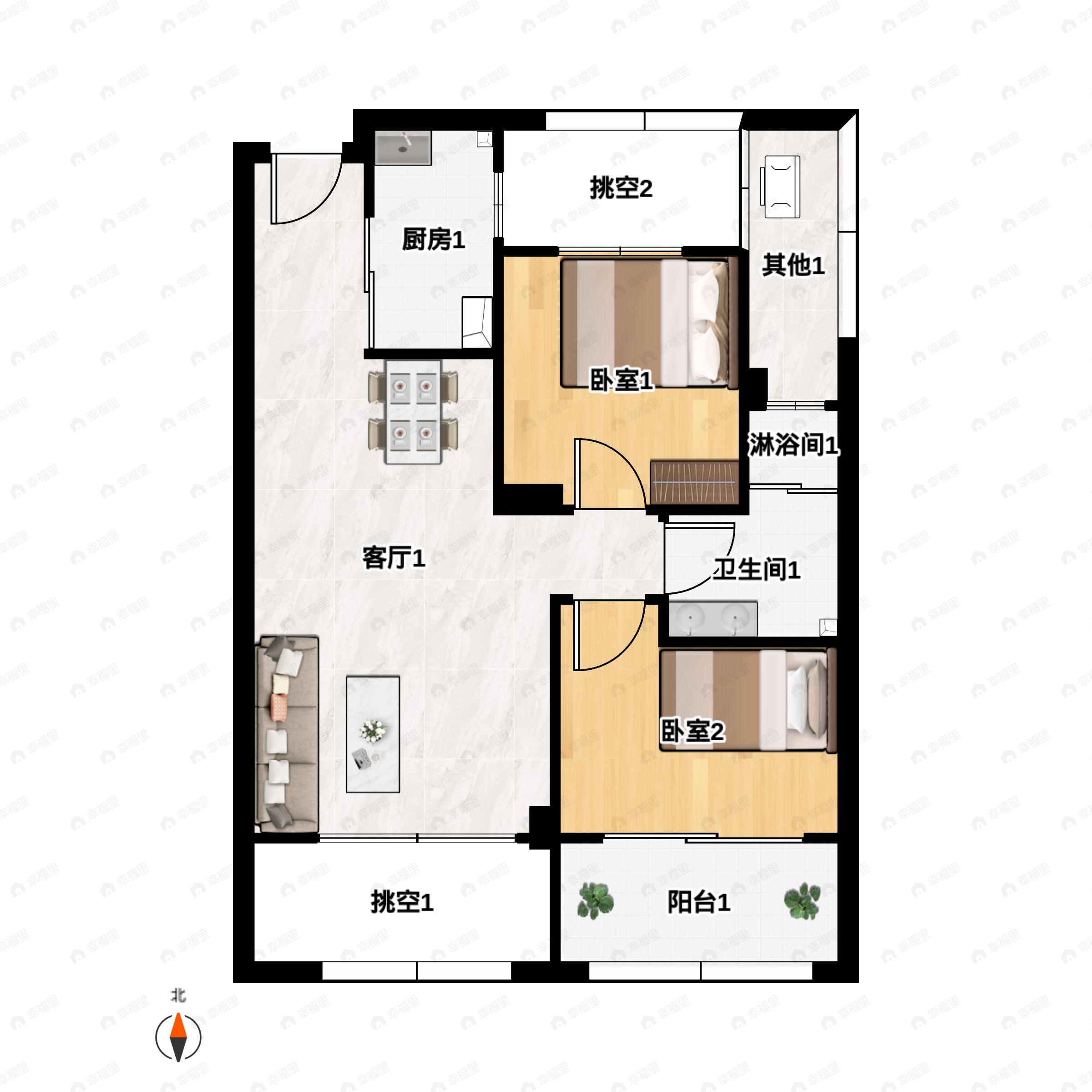 2室1厅1卫建面72m²南户型图