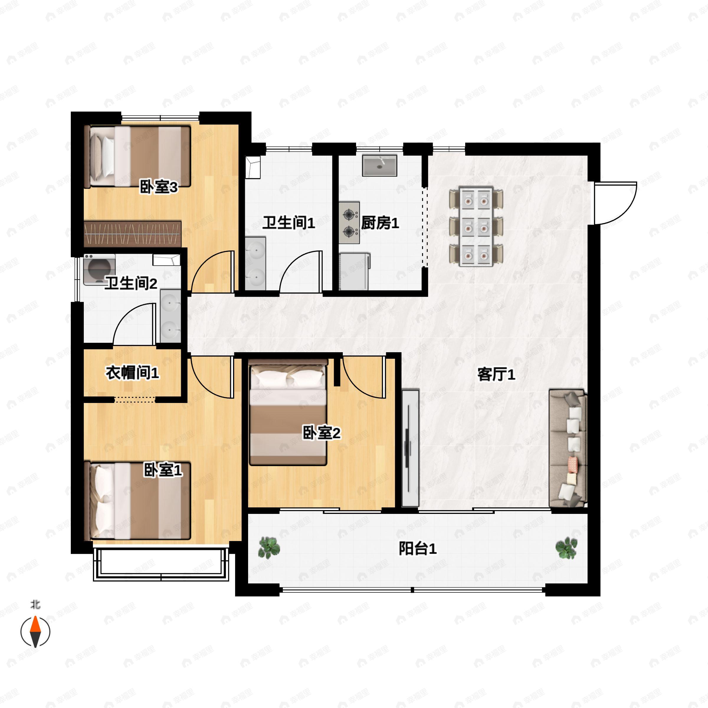 3室2厅2卫建面105平户型图