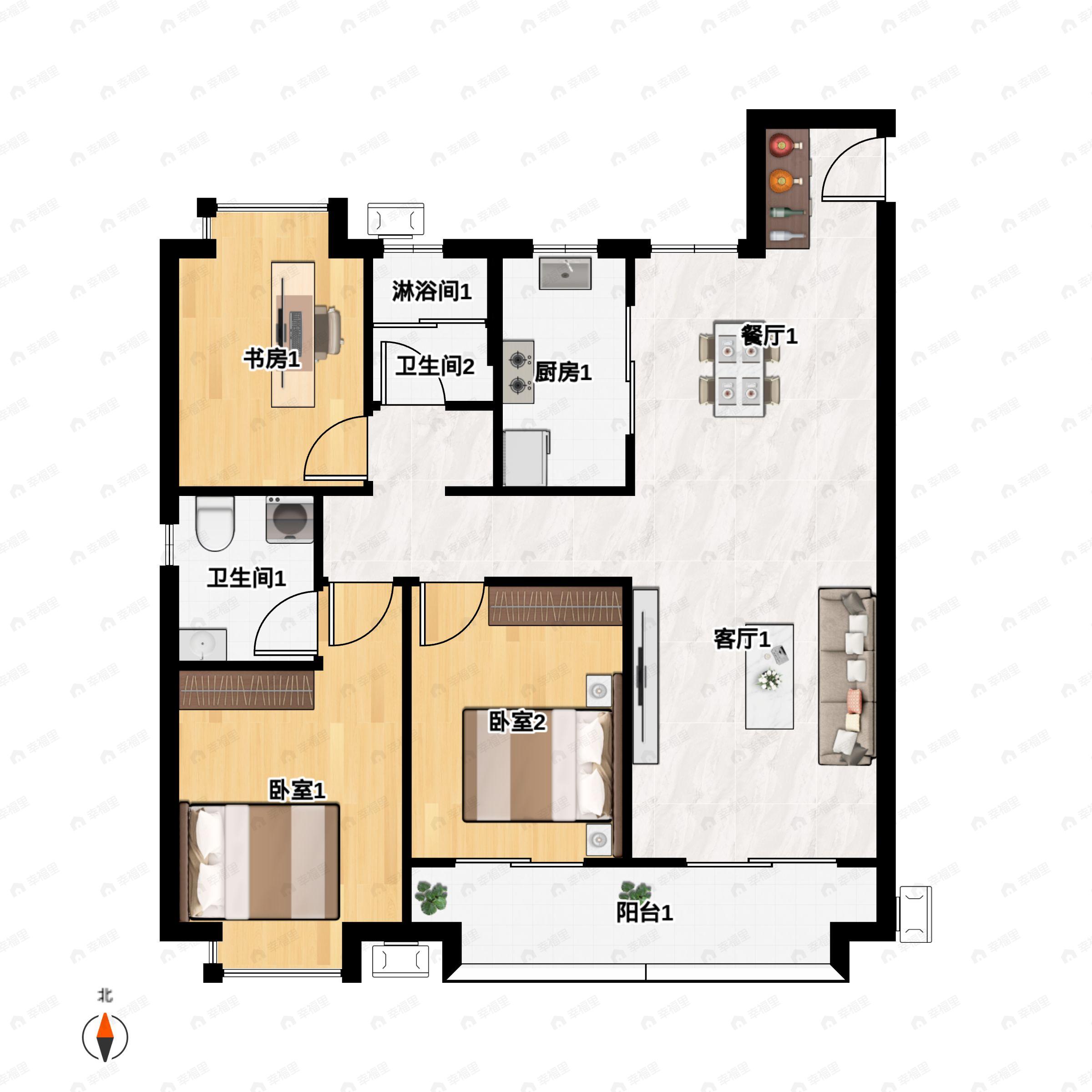 3室2厅2卫建面122m²南户型图