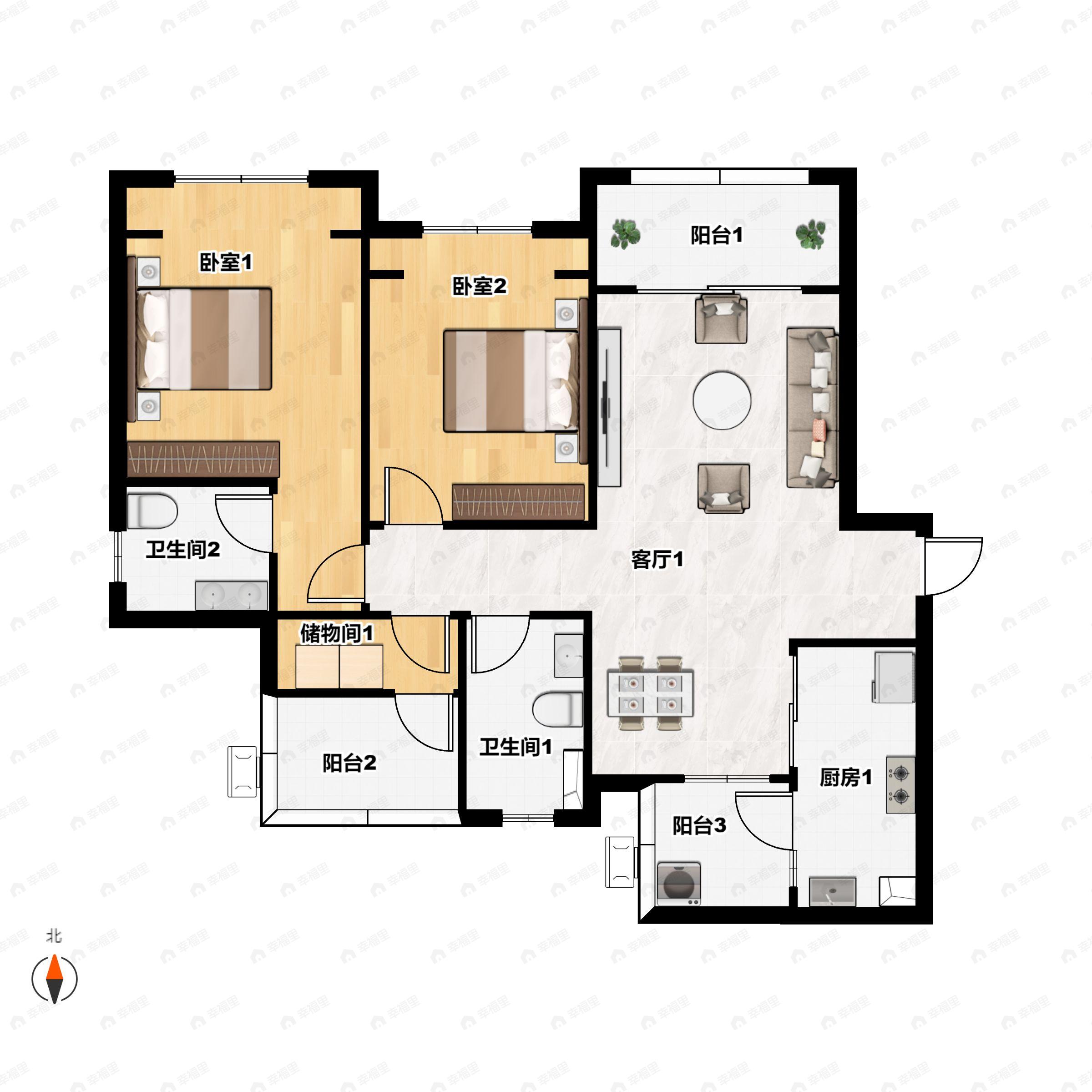 2室2厅2卫建面76m²南户型图