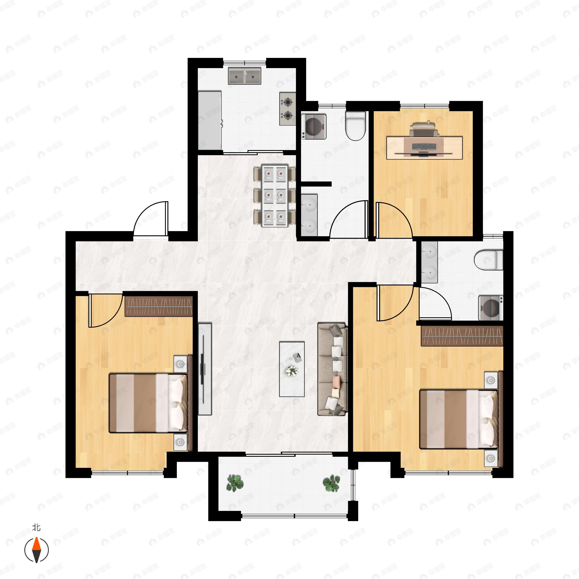 3室2厅2卫建面120平南户型图