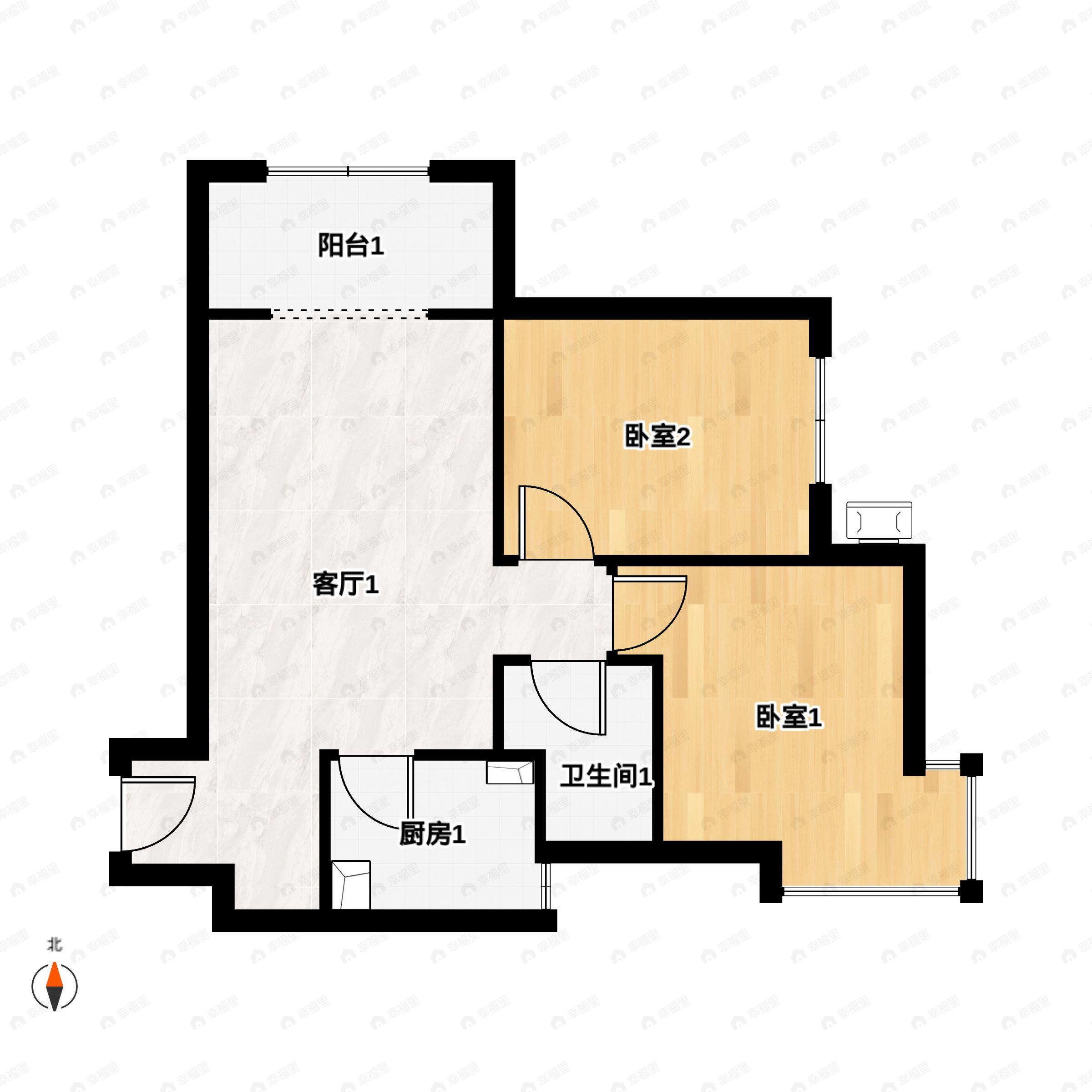 2室1厅1卫建面69m²南户型图