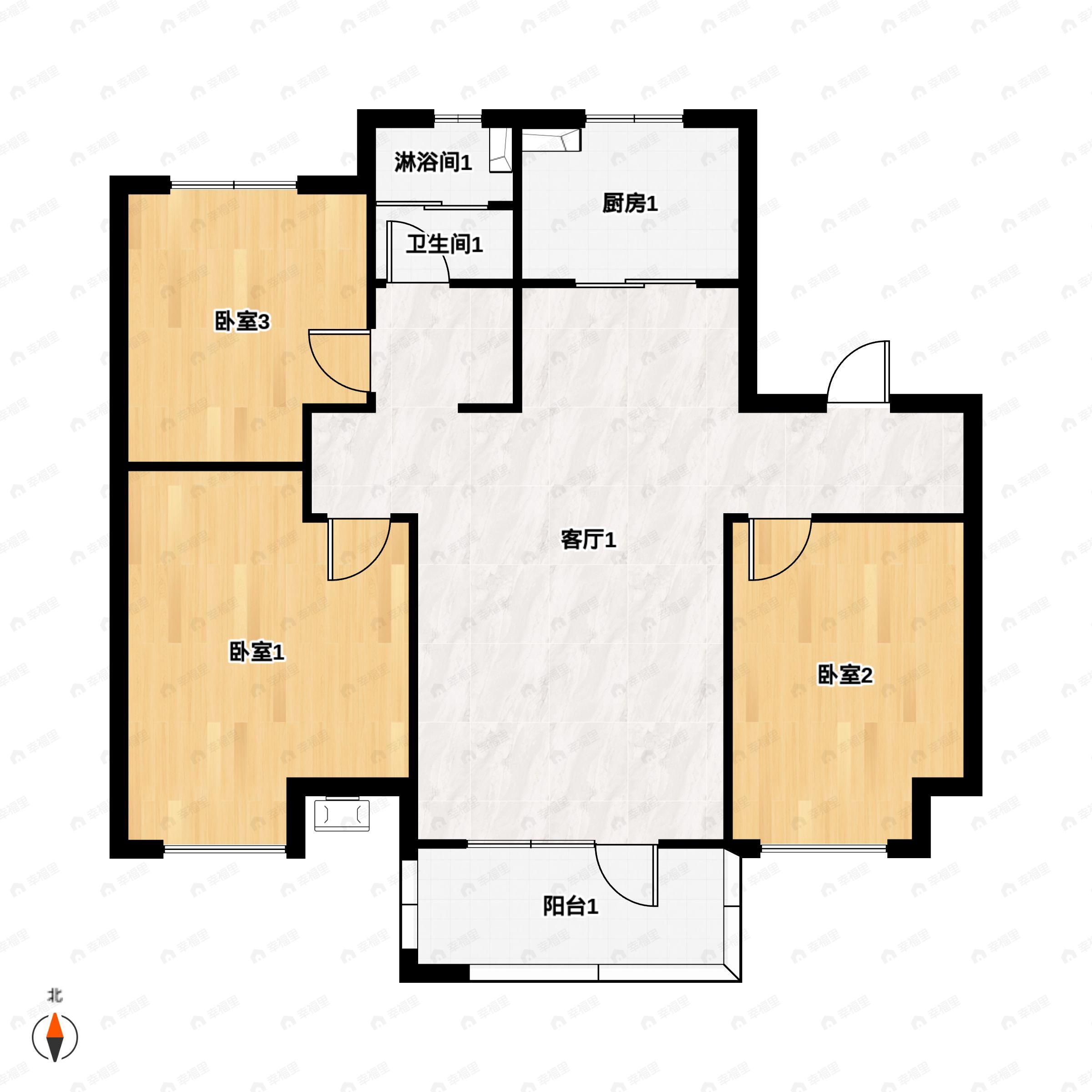 3室2厅1卫建面97平北|南户型图