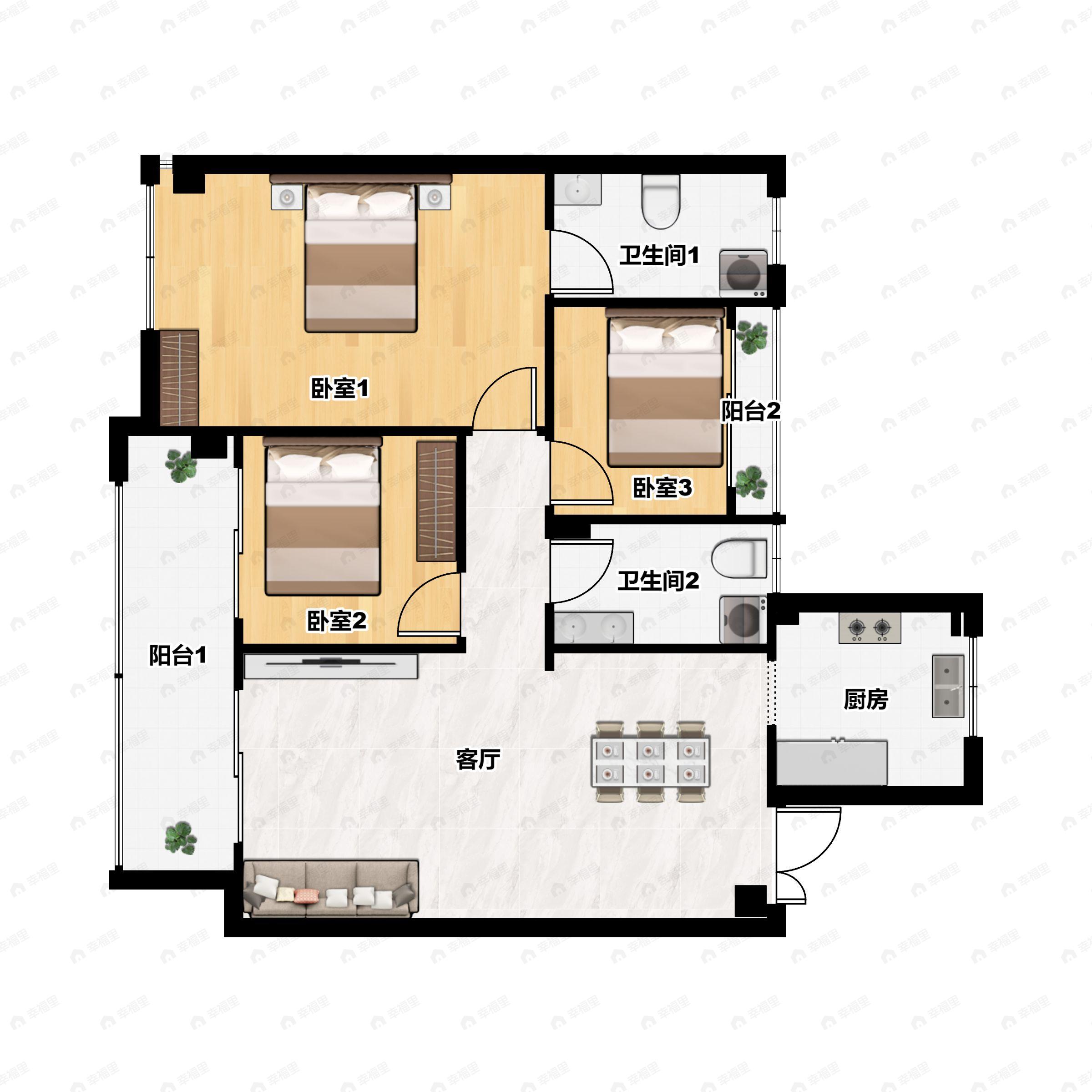 3室2厅2卫建面108m²北|南户型图