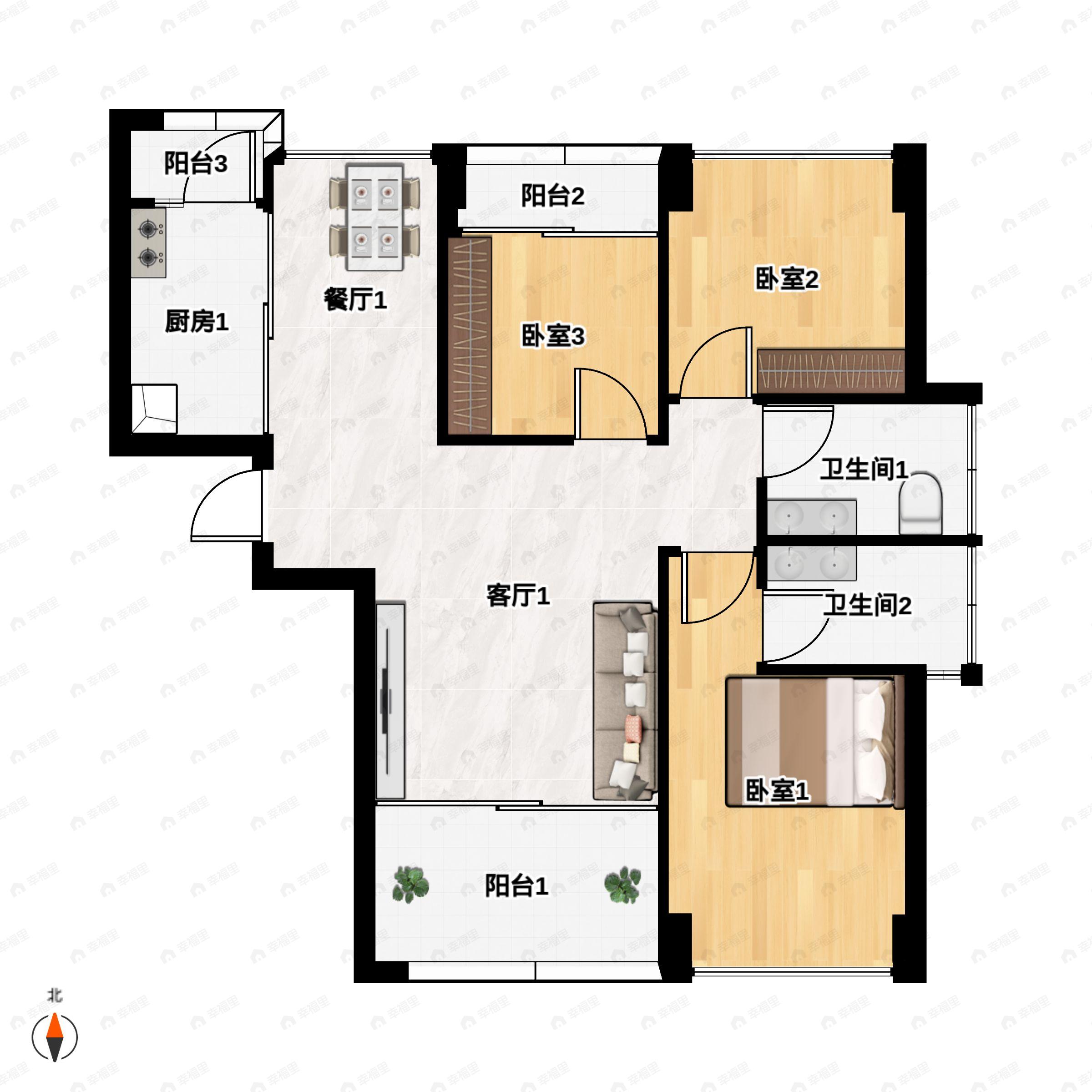 3室2厅2卫建面88平户型图