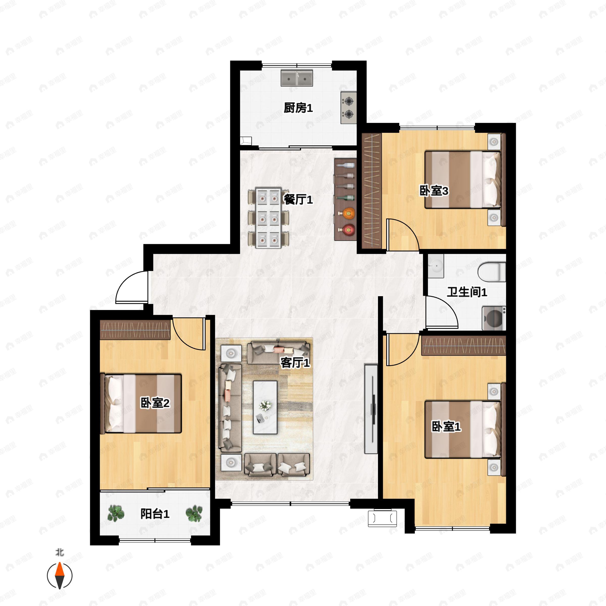 3室2厅1卫建面120m²南|北户型图