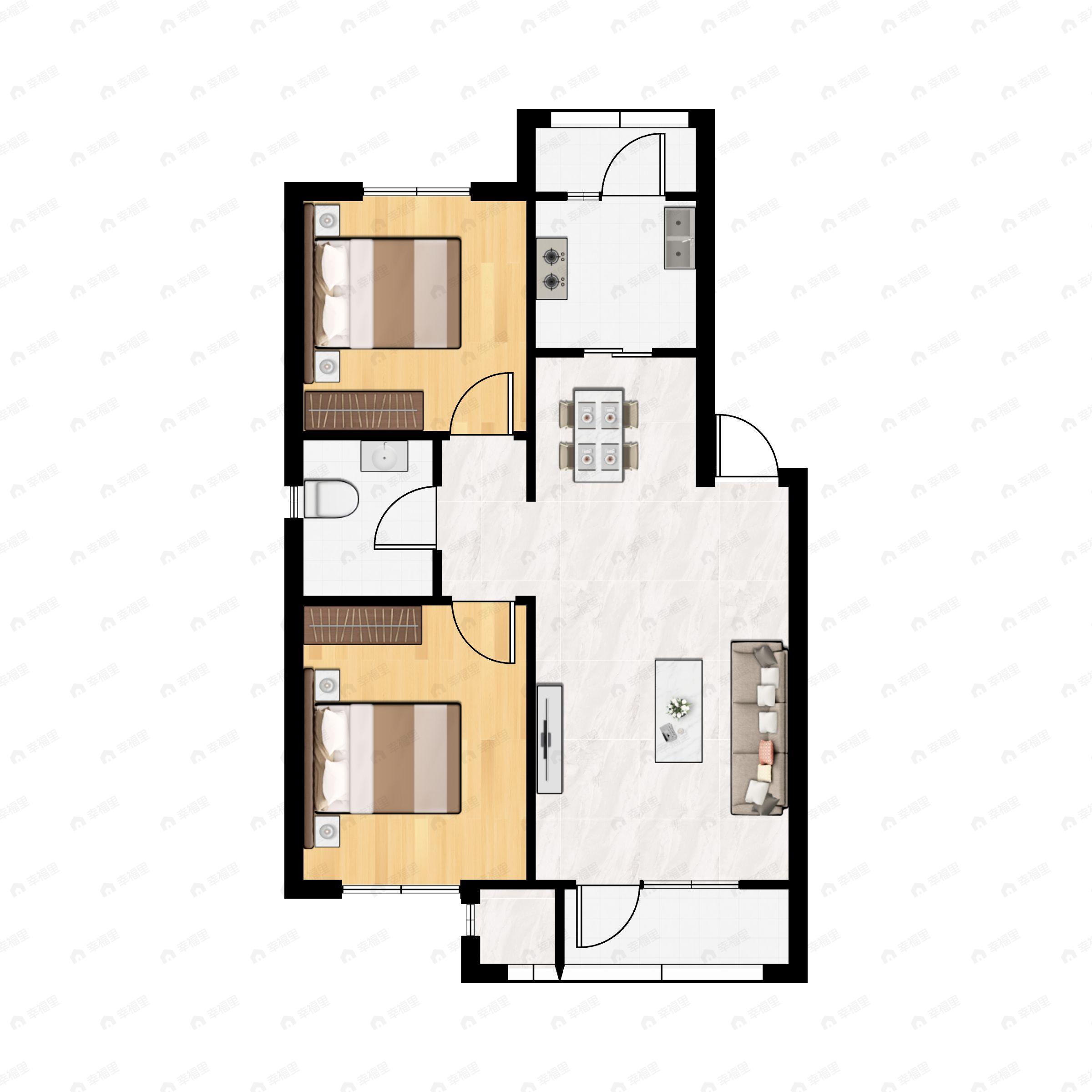 2室2厅1卫建面79平北|南户型图