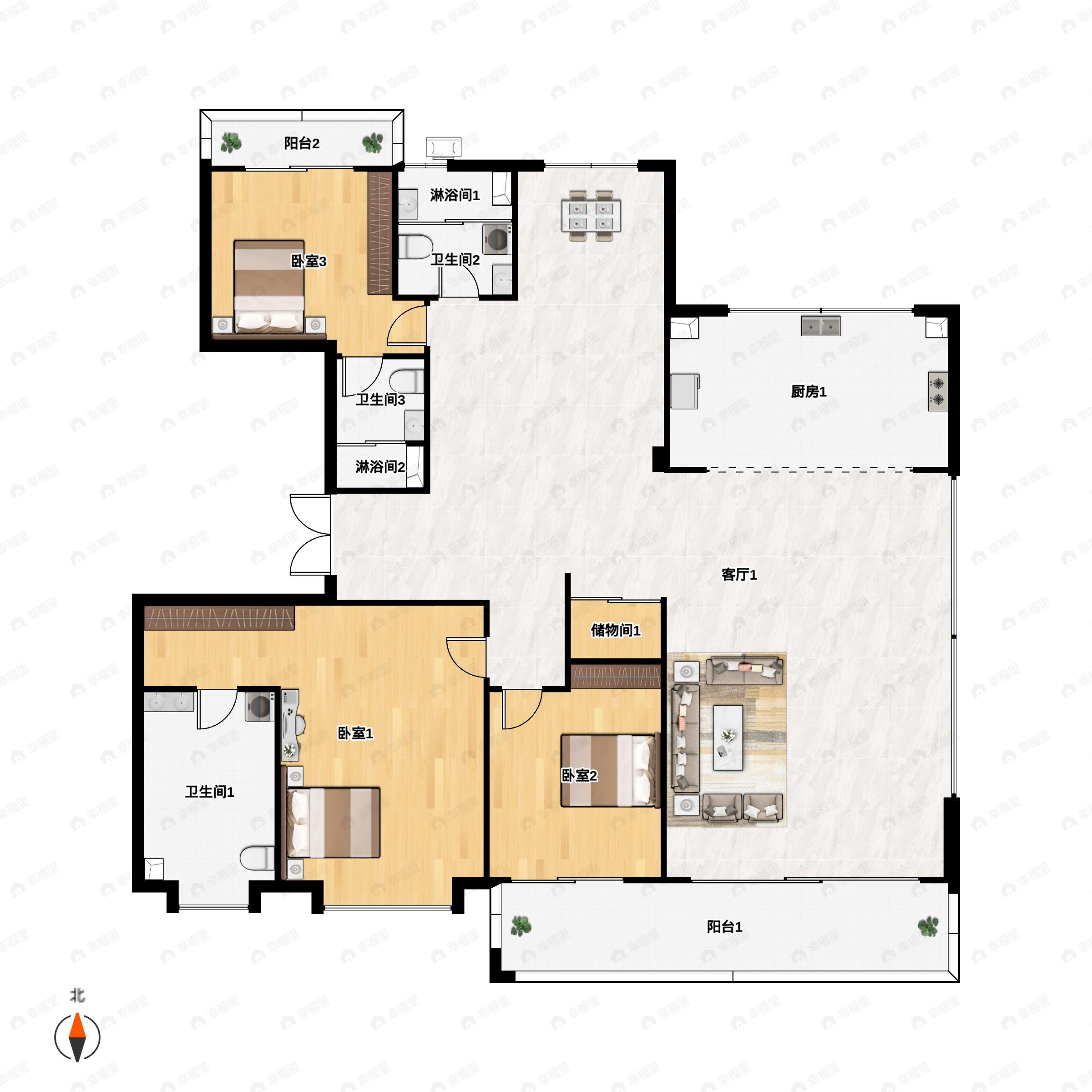 3室2厅2卫建面220平南户型图