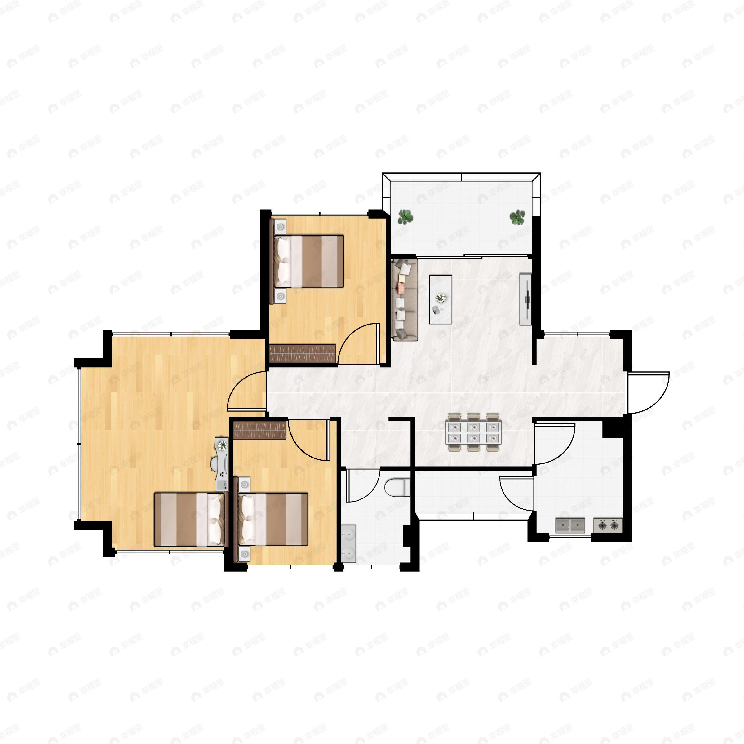 3室2厅1卫建面83m²西北户型图