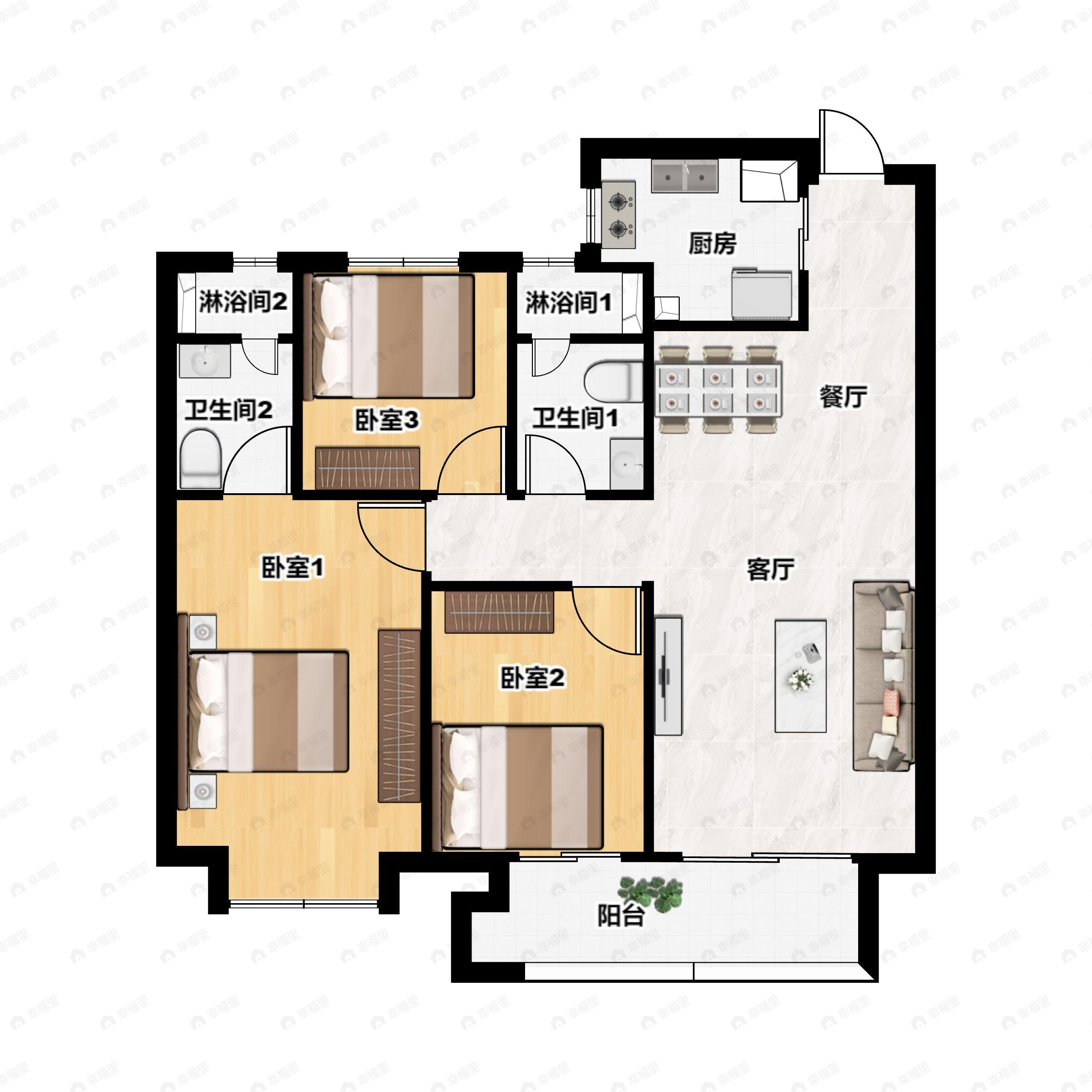 3室2厅2卫建面125m²南户型图