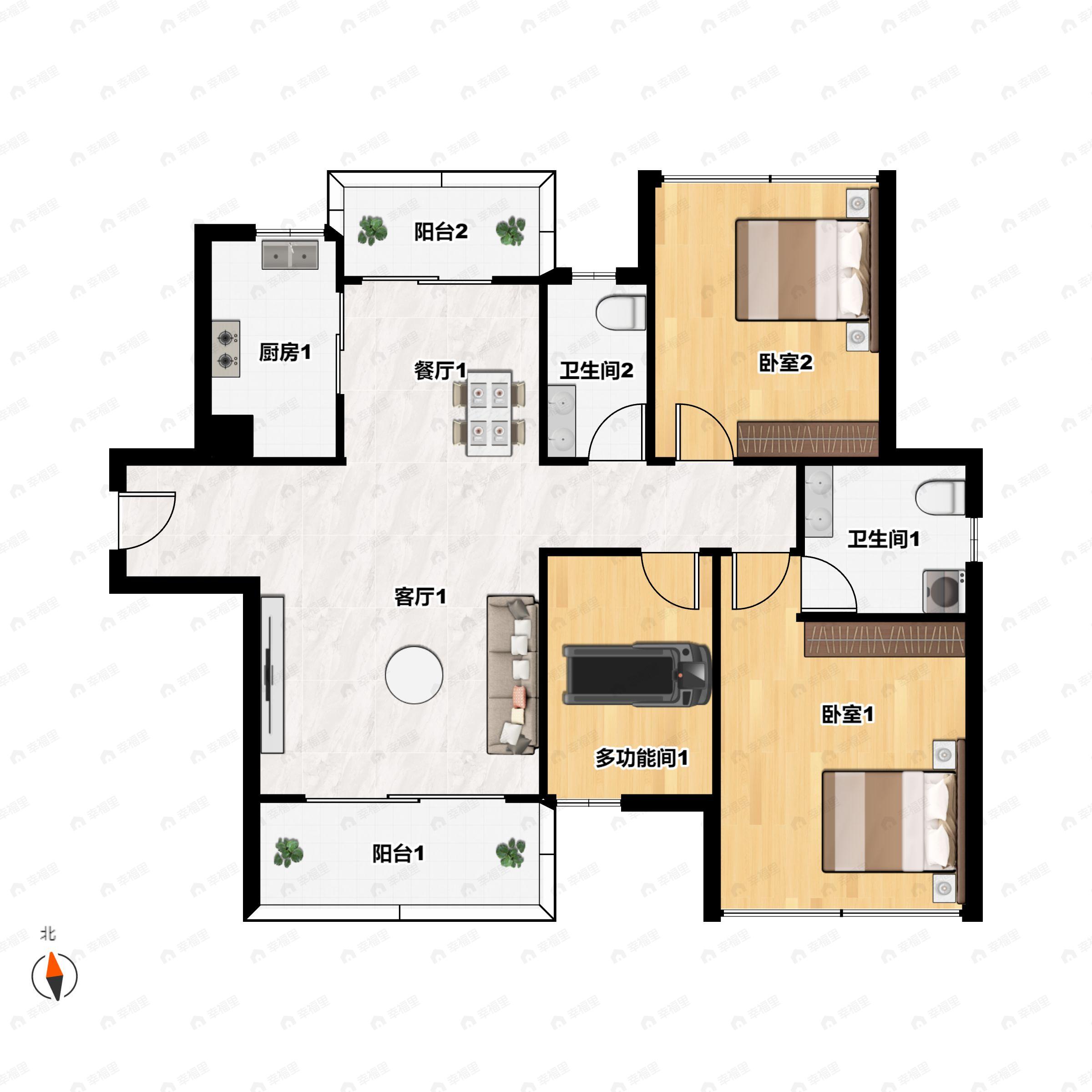 3室2厅2卫建面108m²南户型图