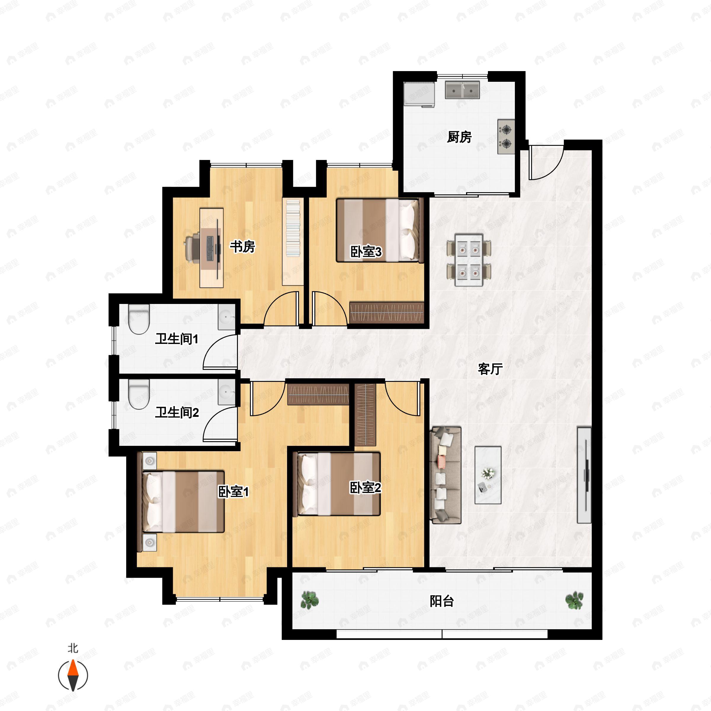 4室2厅2卫建面127平北|南户型图