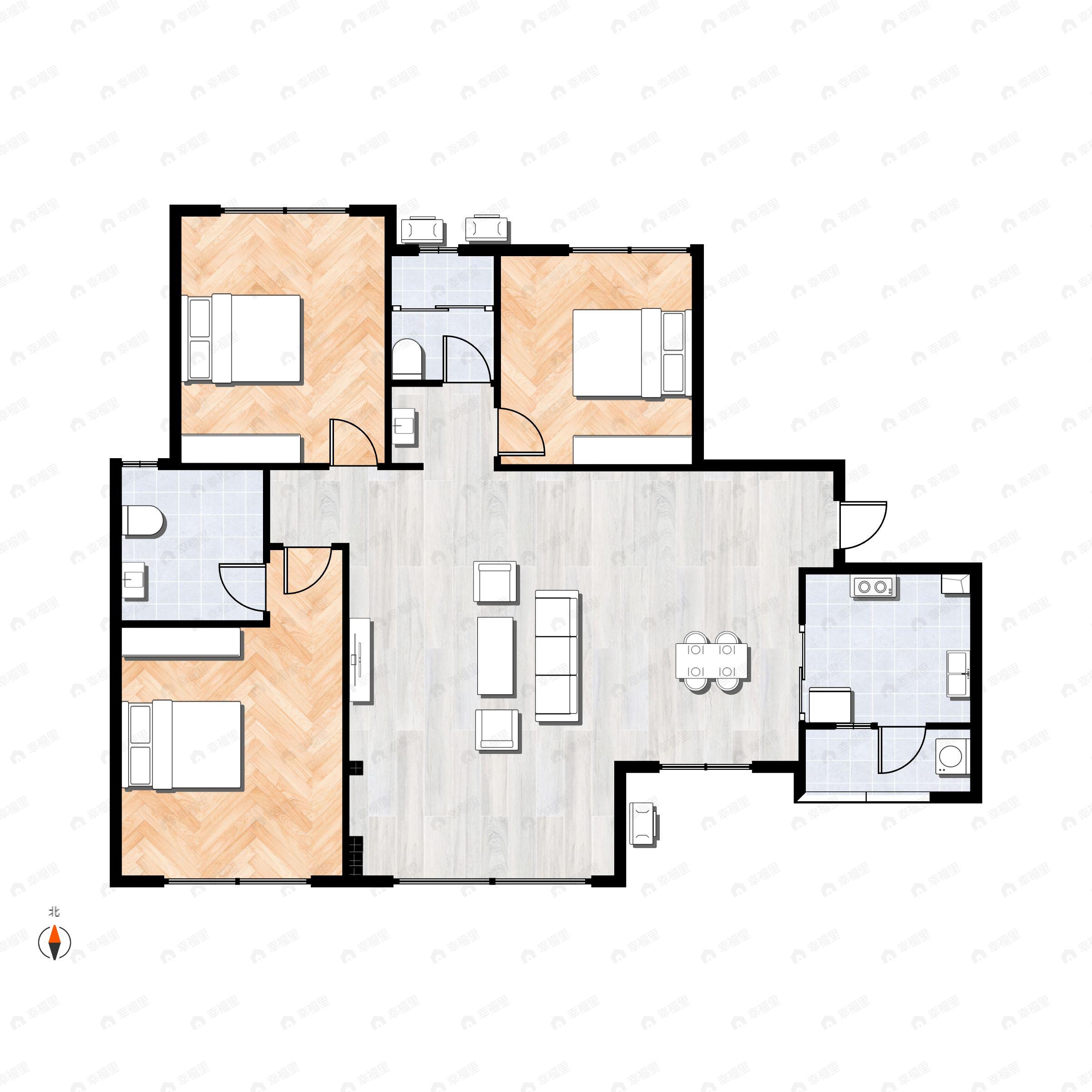 3室2厅2卫建面105平东|南|西|北户型图
