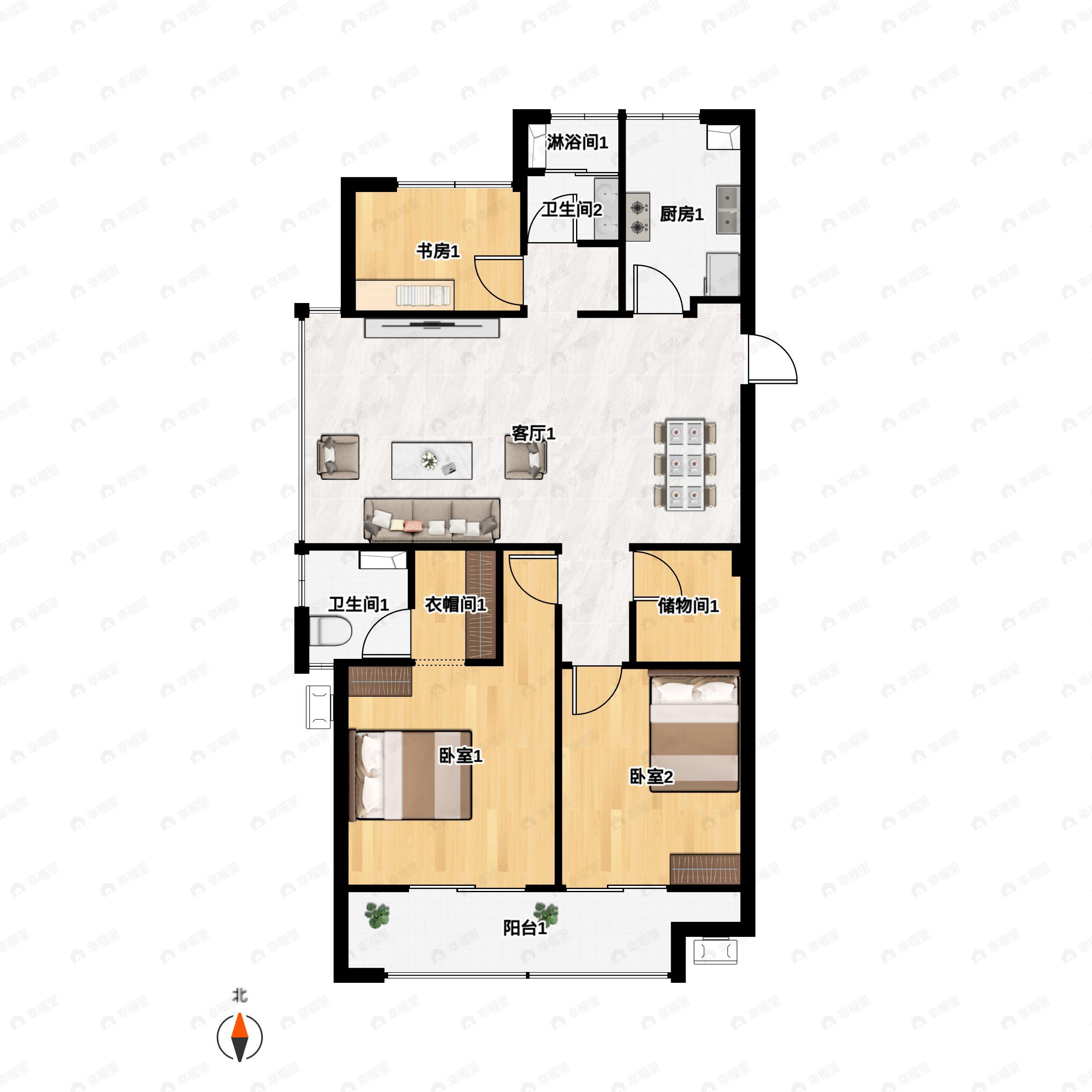 3室2厅2卫建面121m²南户型图