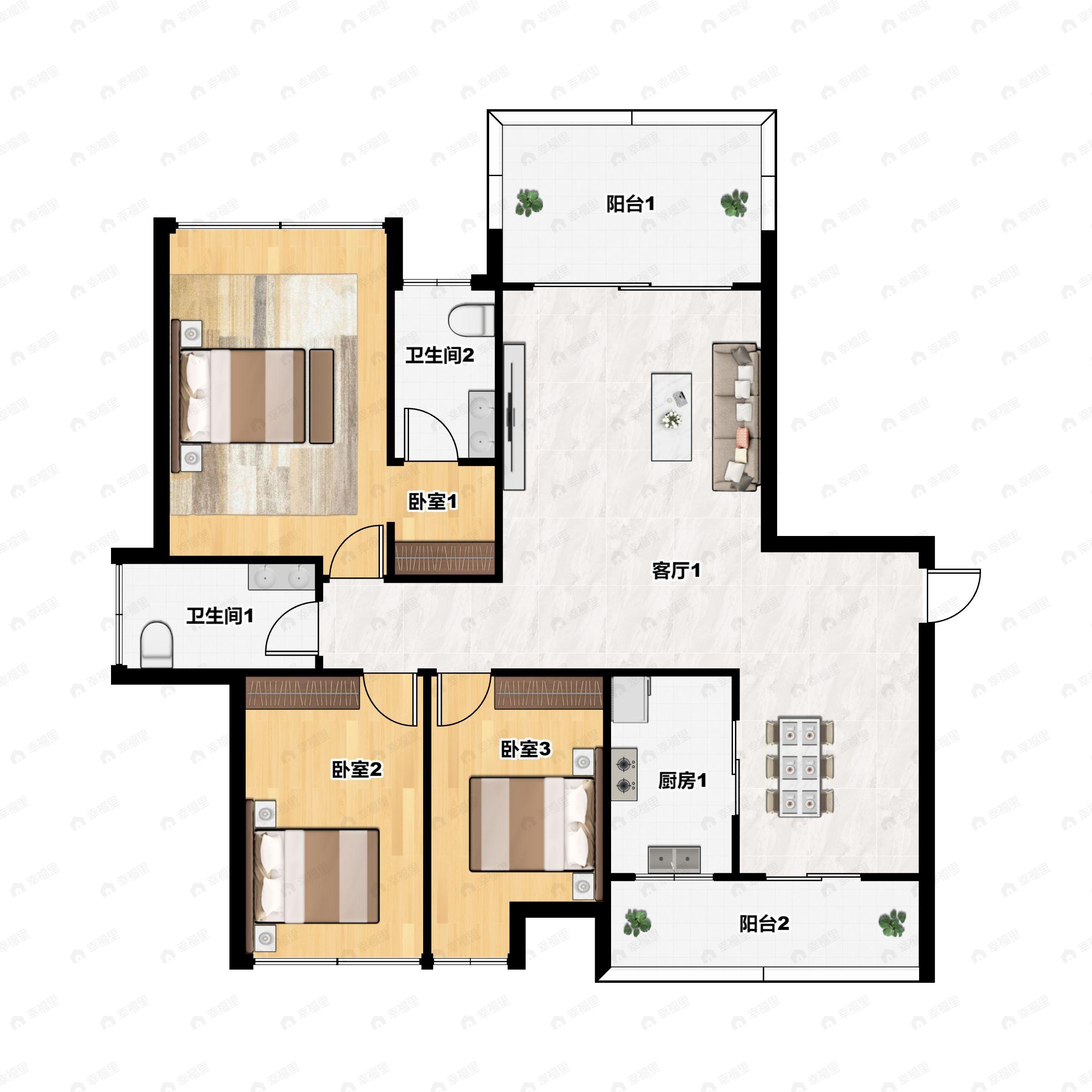 3室2厅2卫建面115m²南户型图