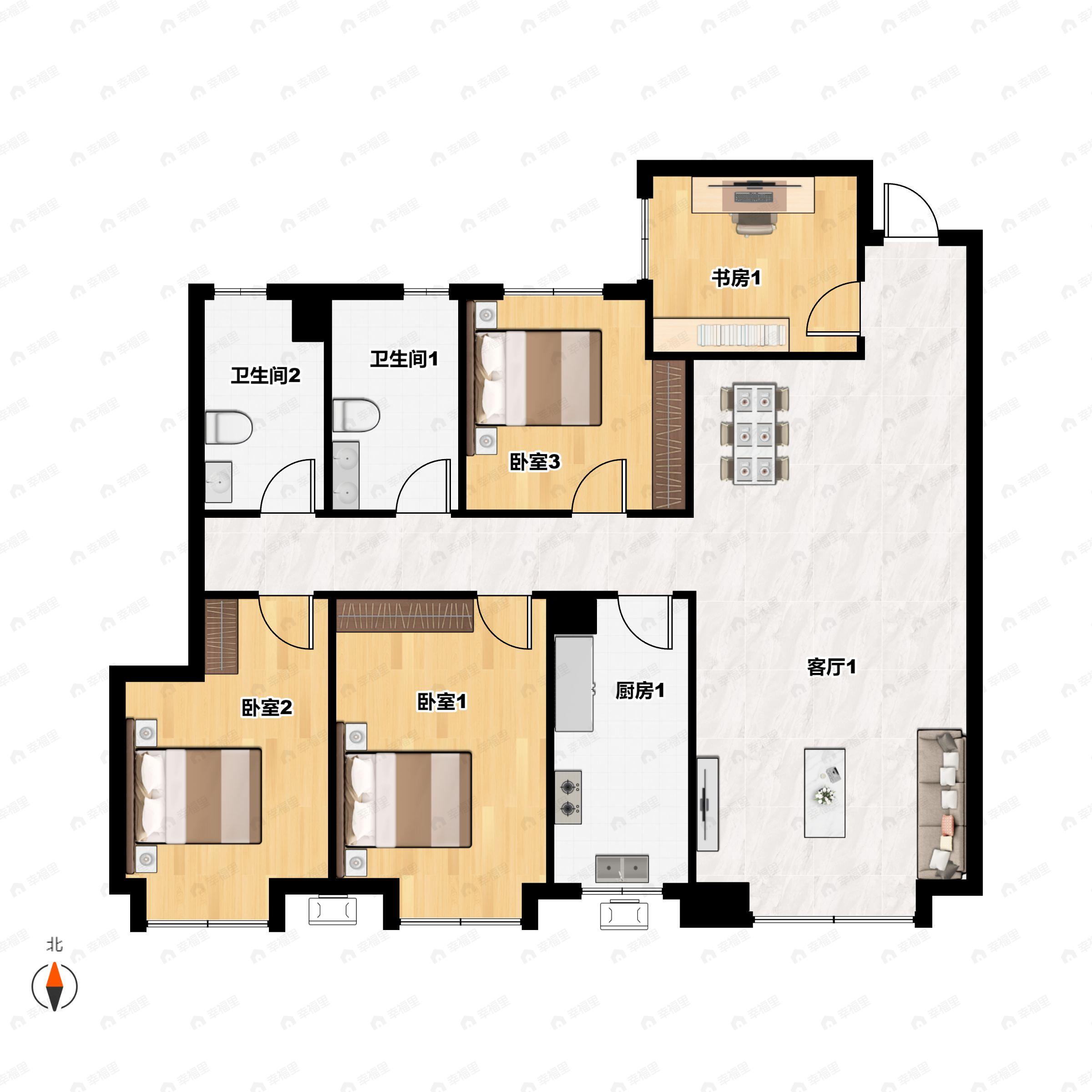 3室2厅2卫建面139平南户型图