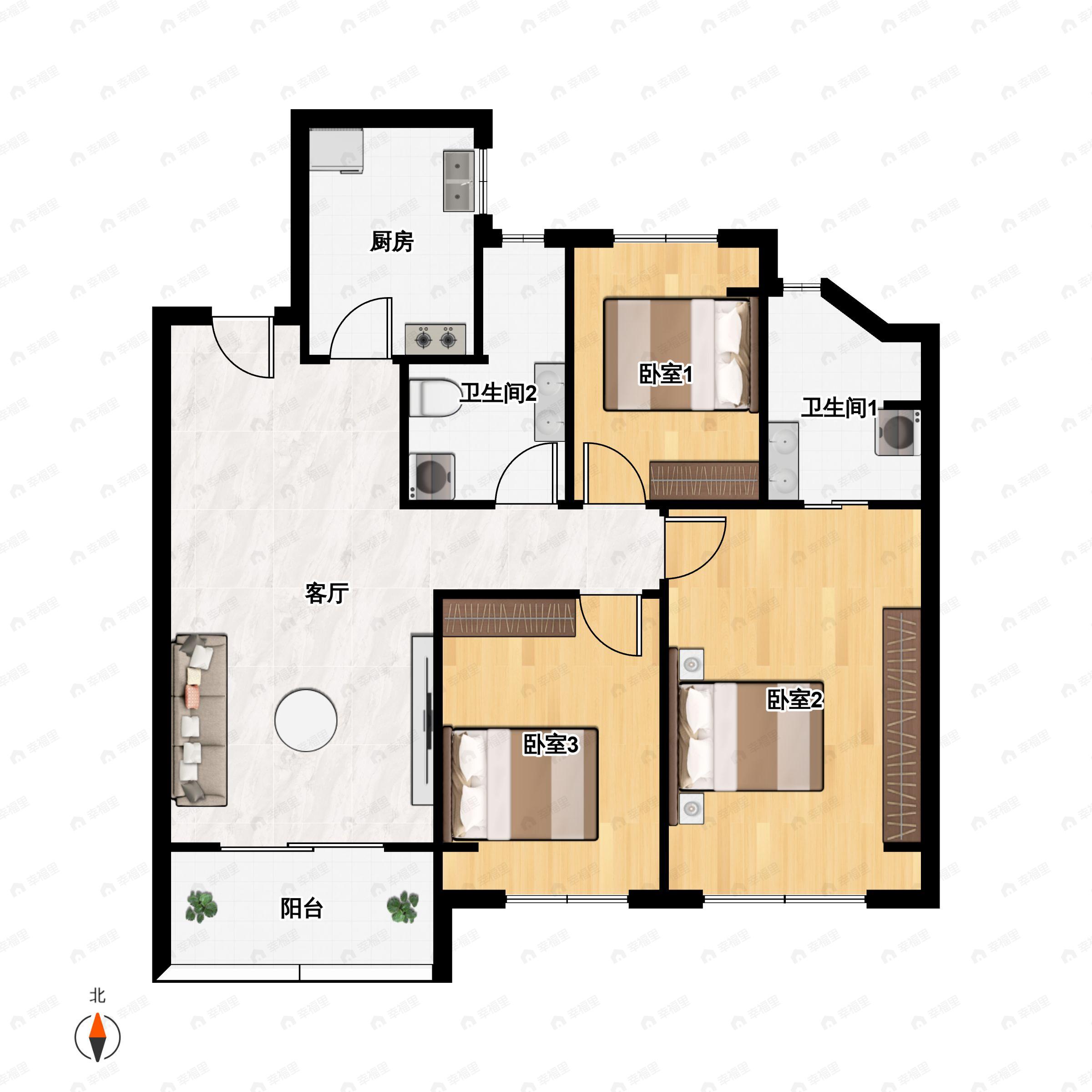 3室2厅2卫建面99m²南户型图