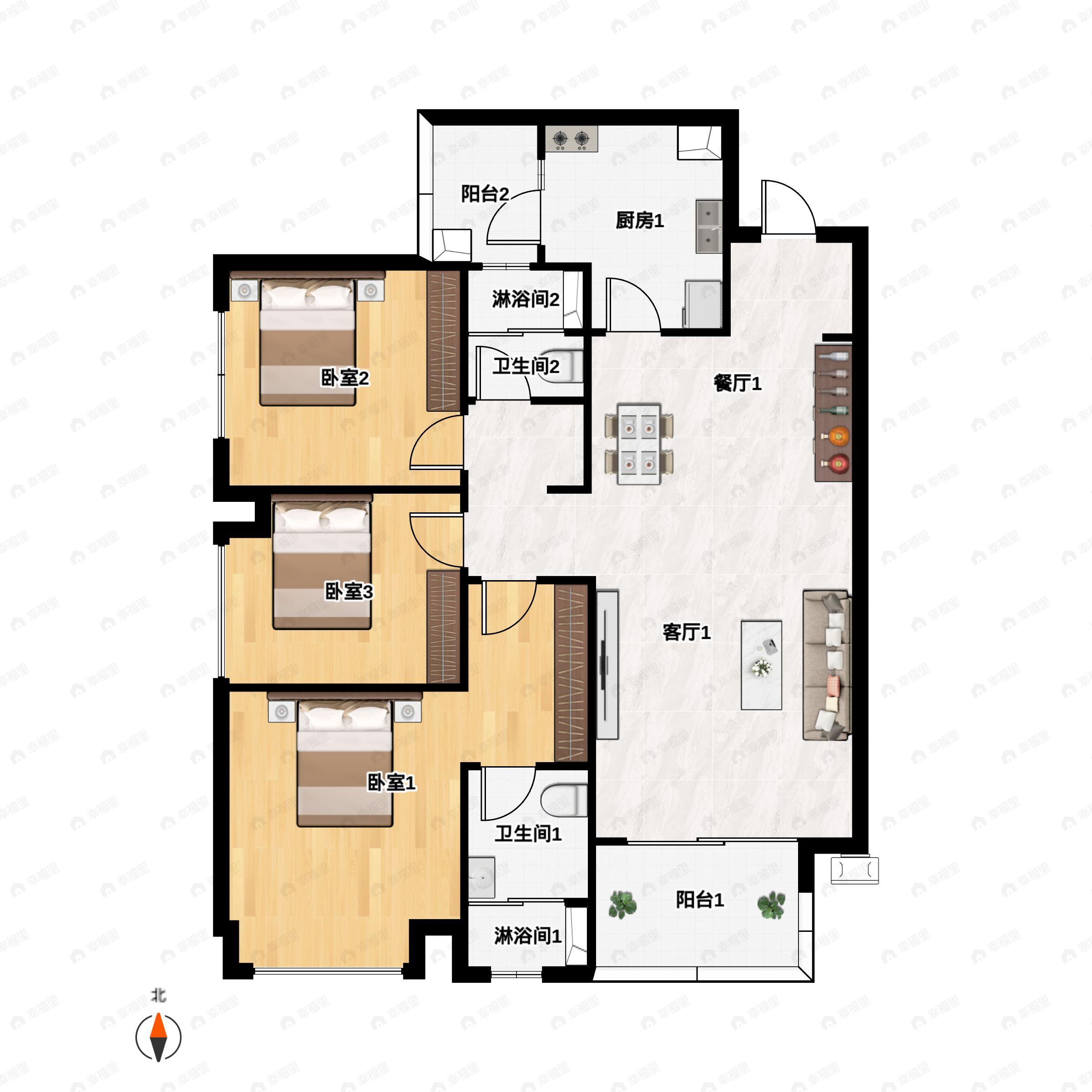 3室2厅2卫建面111平南户型图