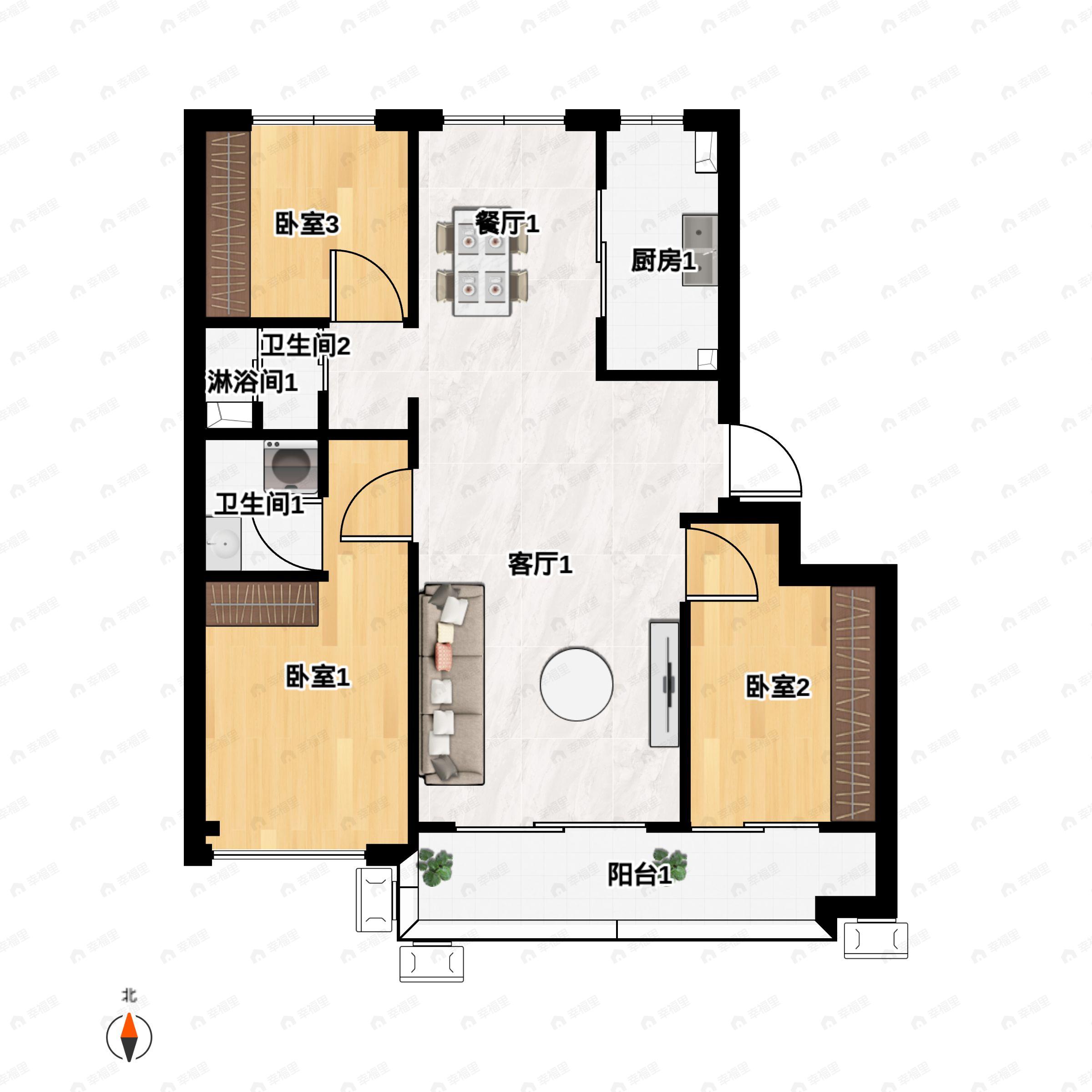 3室2厅2卫建面128平户型图