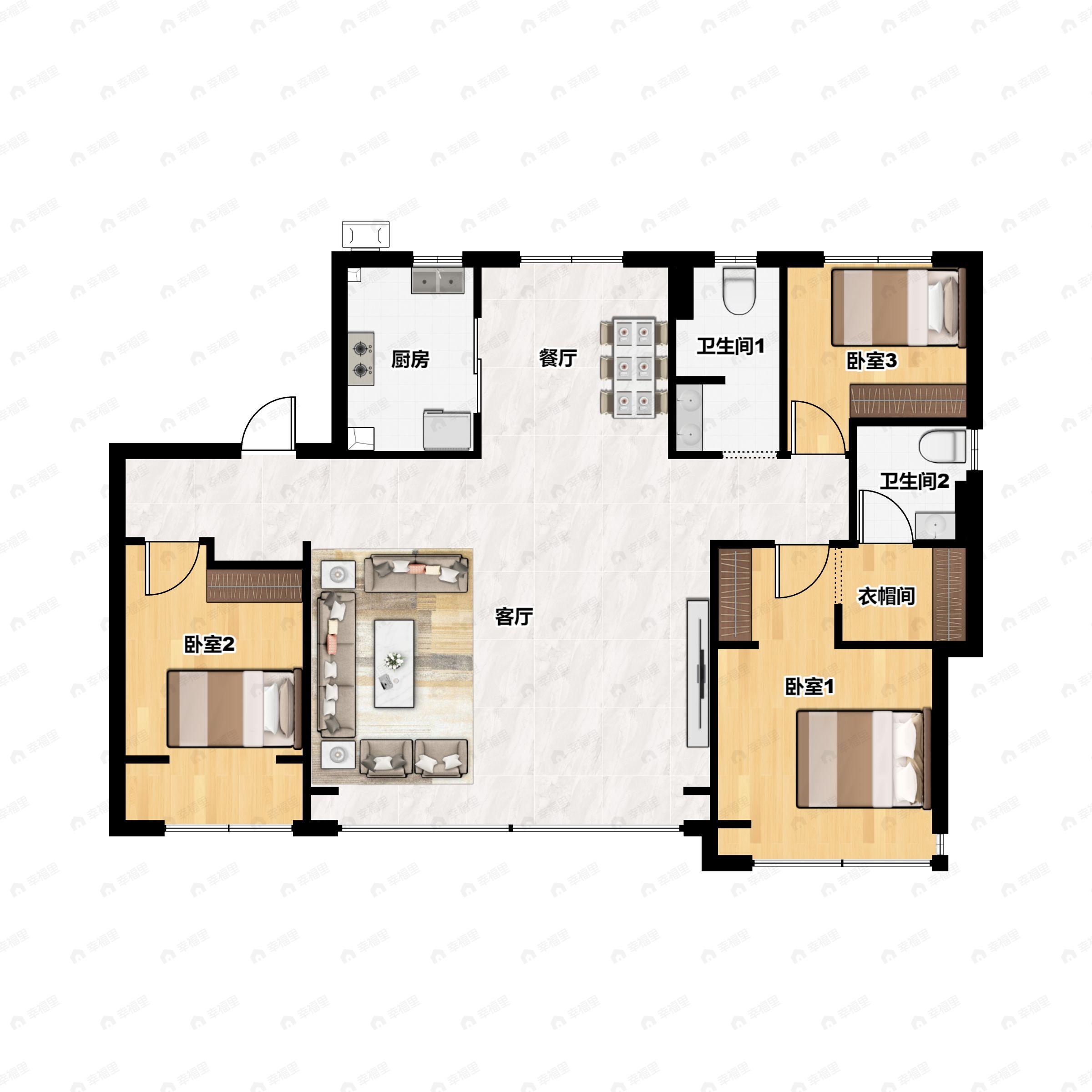 3室2厅2卫建面154平户型图