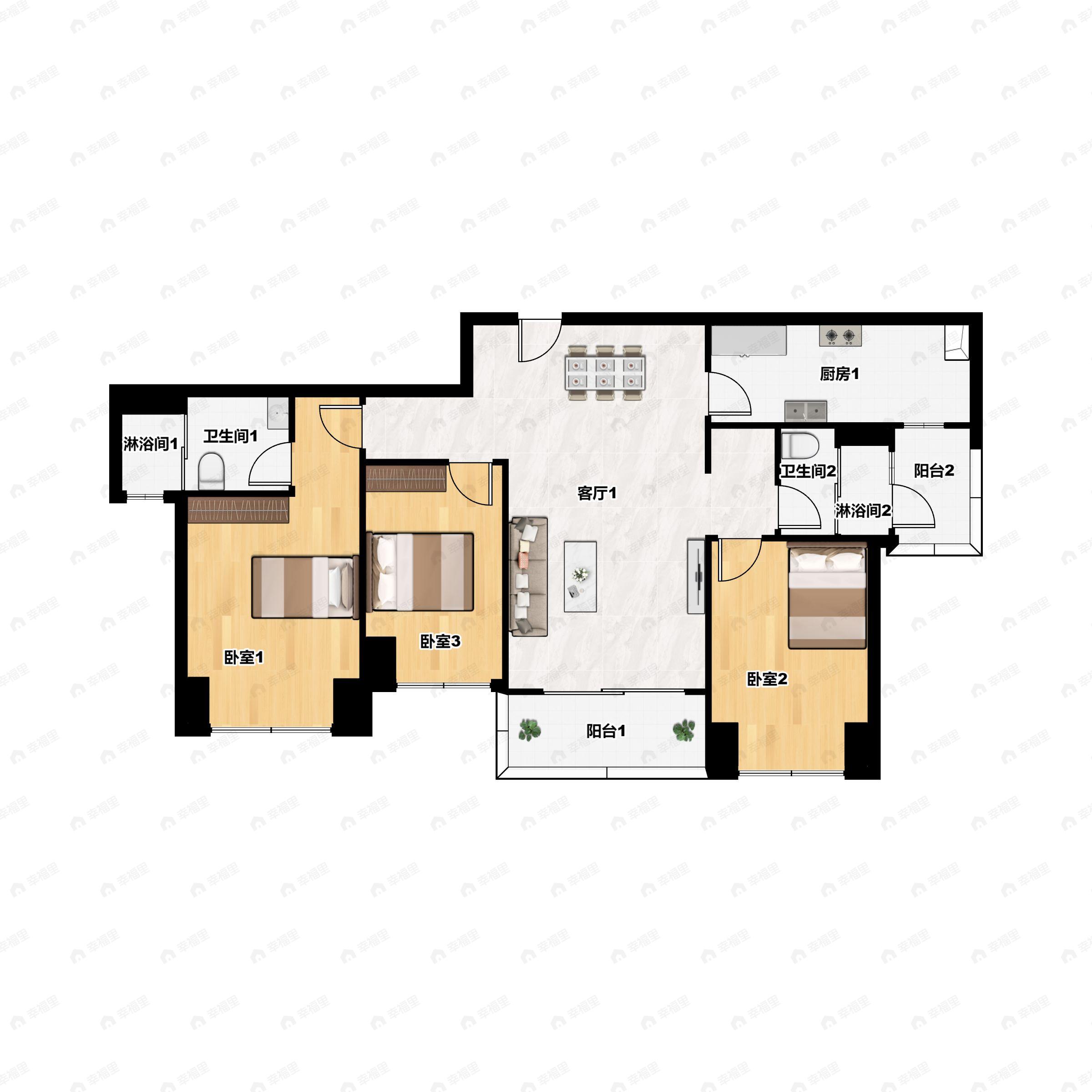 3室2厅2卫建面94m²北|南户型图