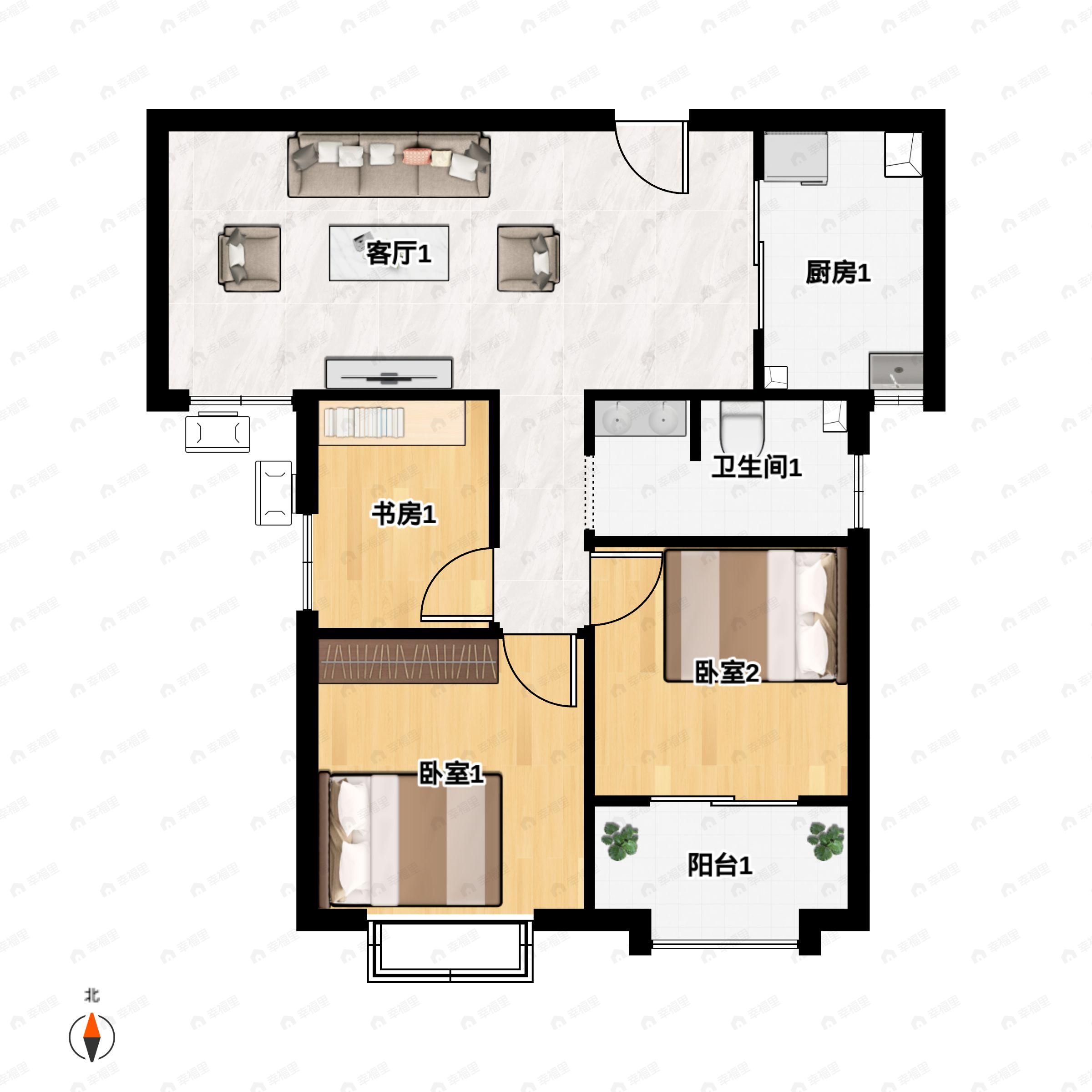 3室2厅1卫建面93m²南户型图