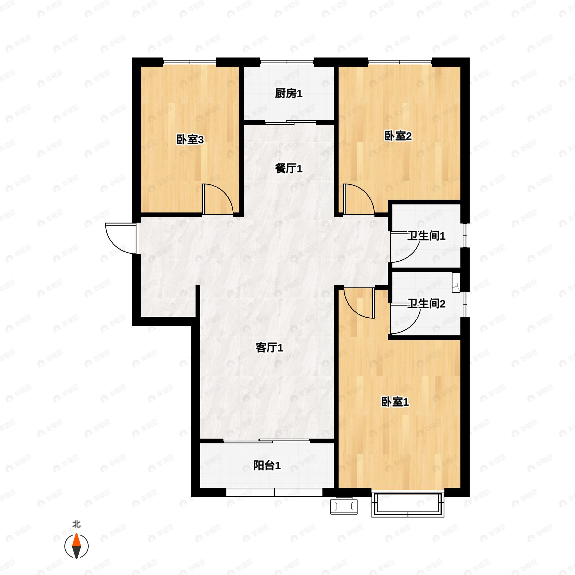 3室2厅2卫建面136平北|东|南户型图