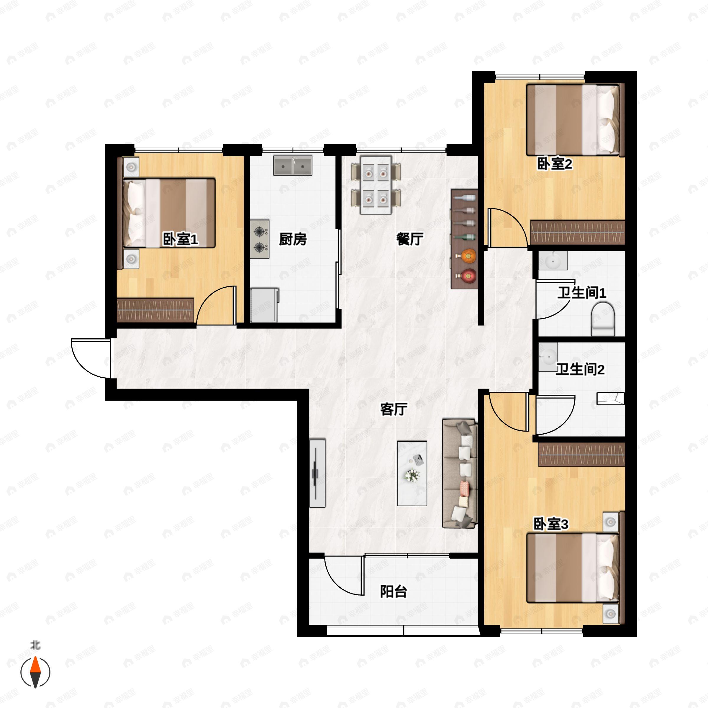 3室2厅2卫建面107平户型图