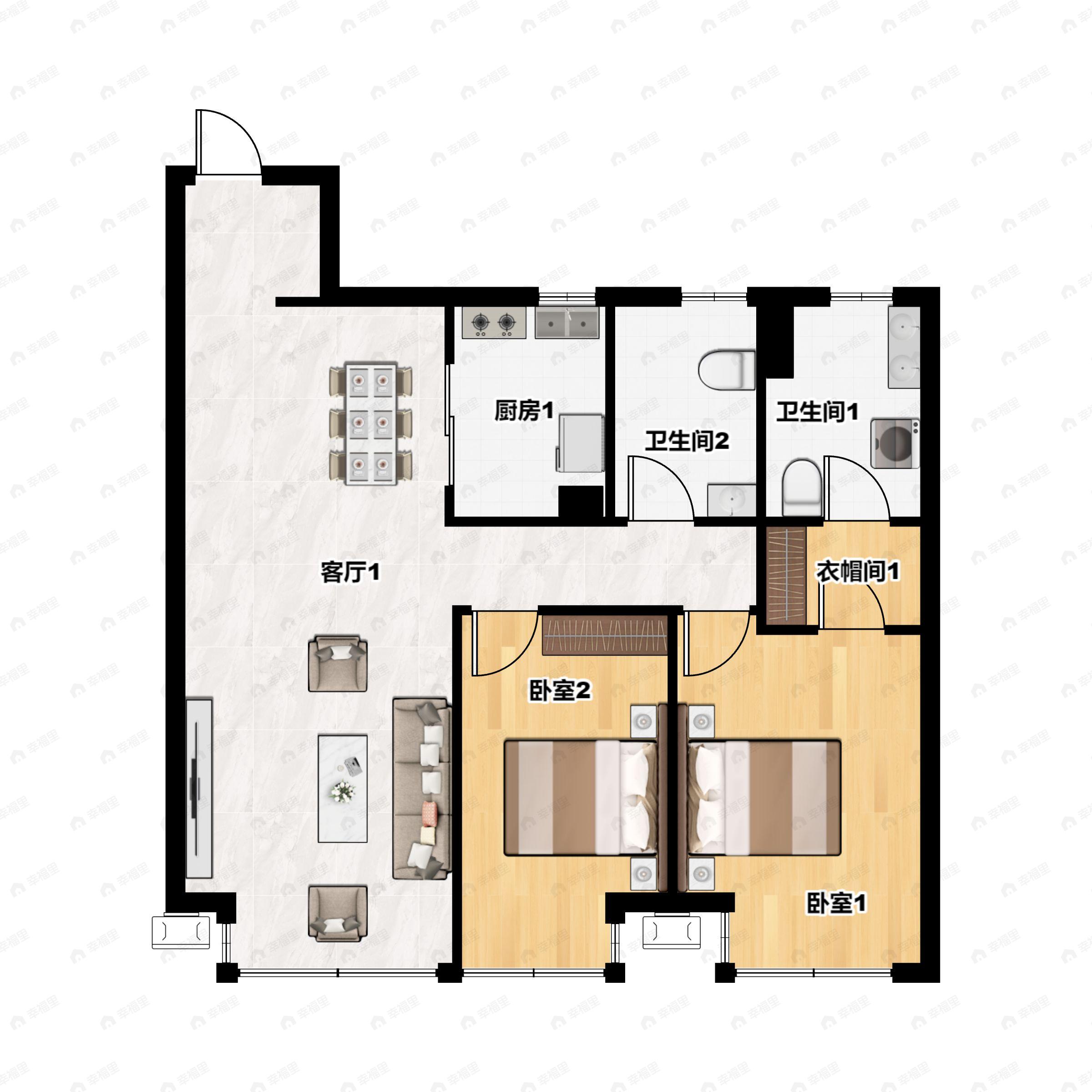 2室2厅2卫建面107平南户型图