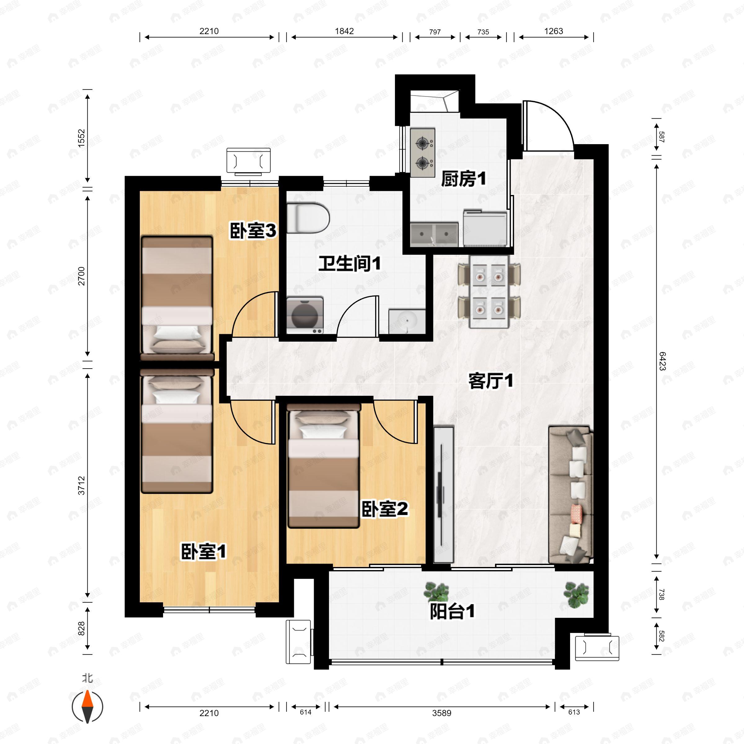 3室2厅1卫建面100平户型图