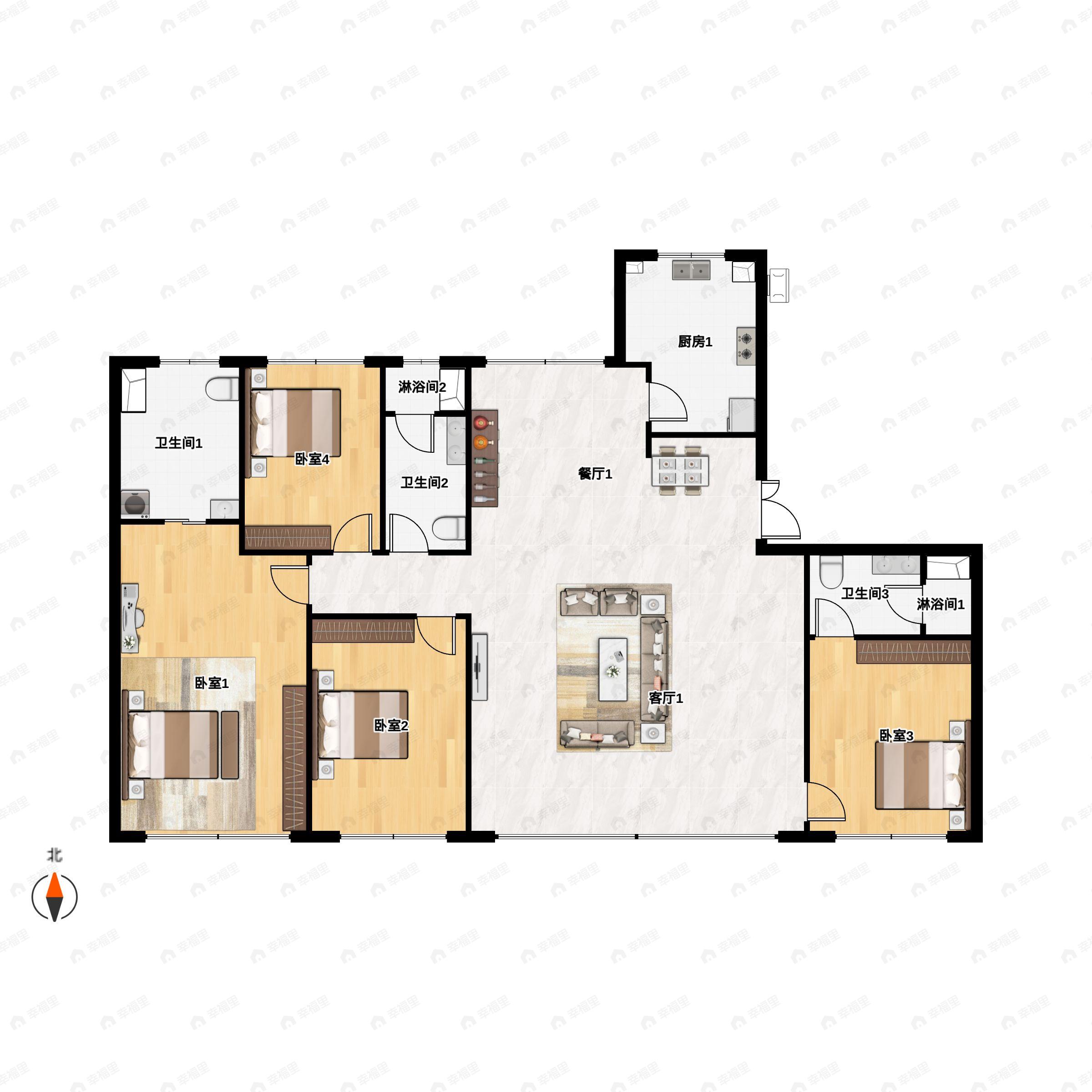 4室2厅3卫建面196平南户型图