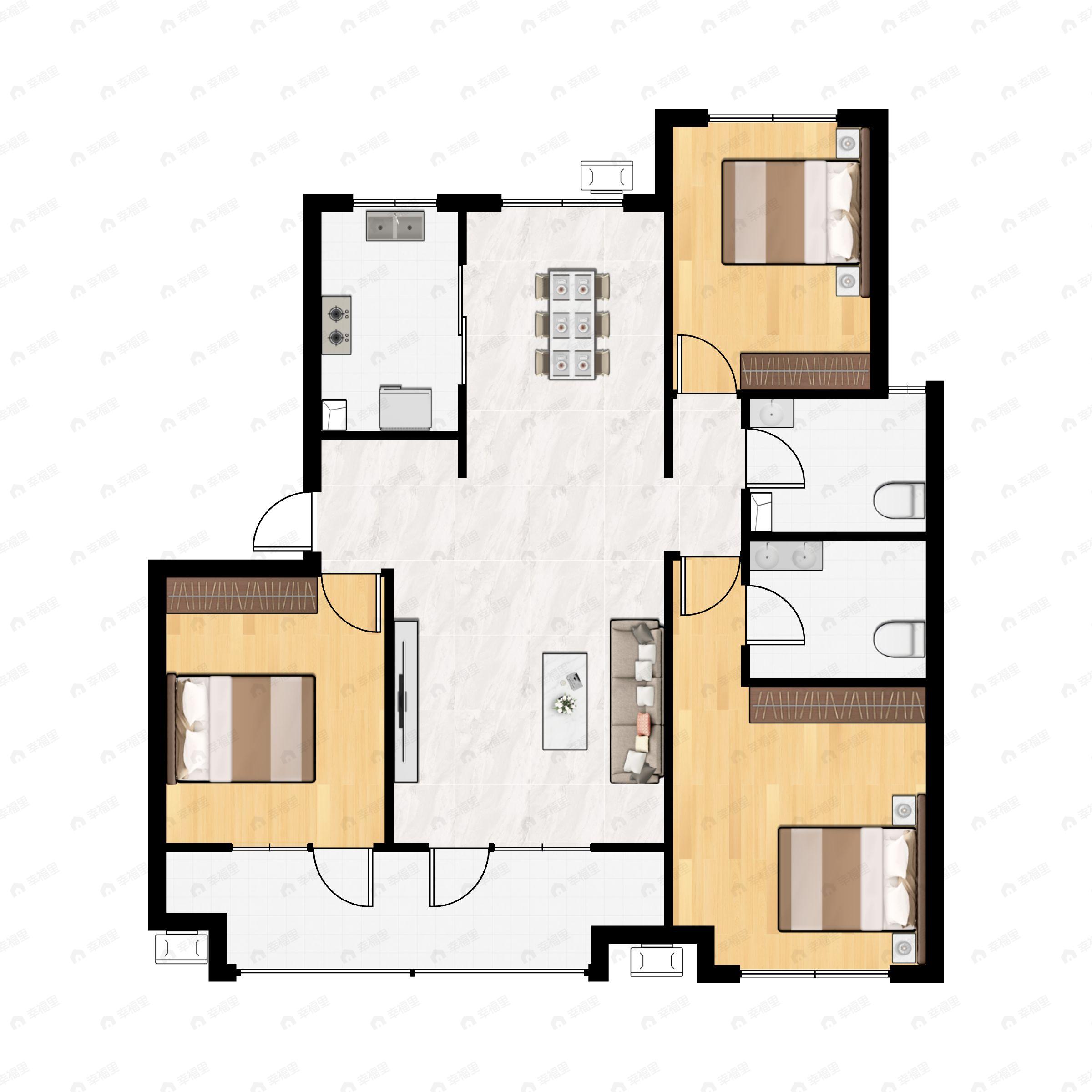 3室2厅2卫建面126平南户型图
