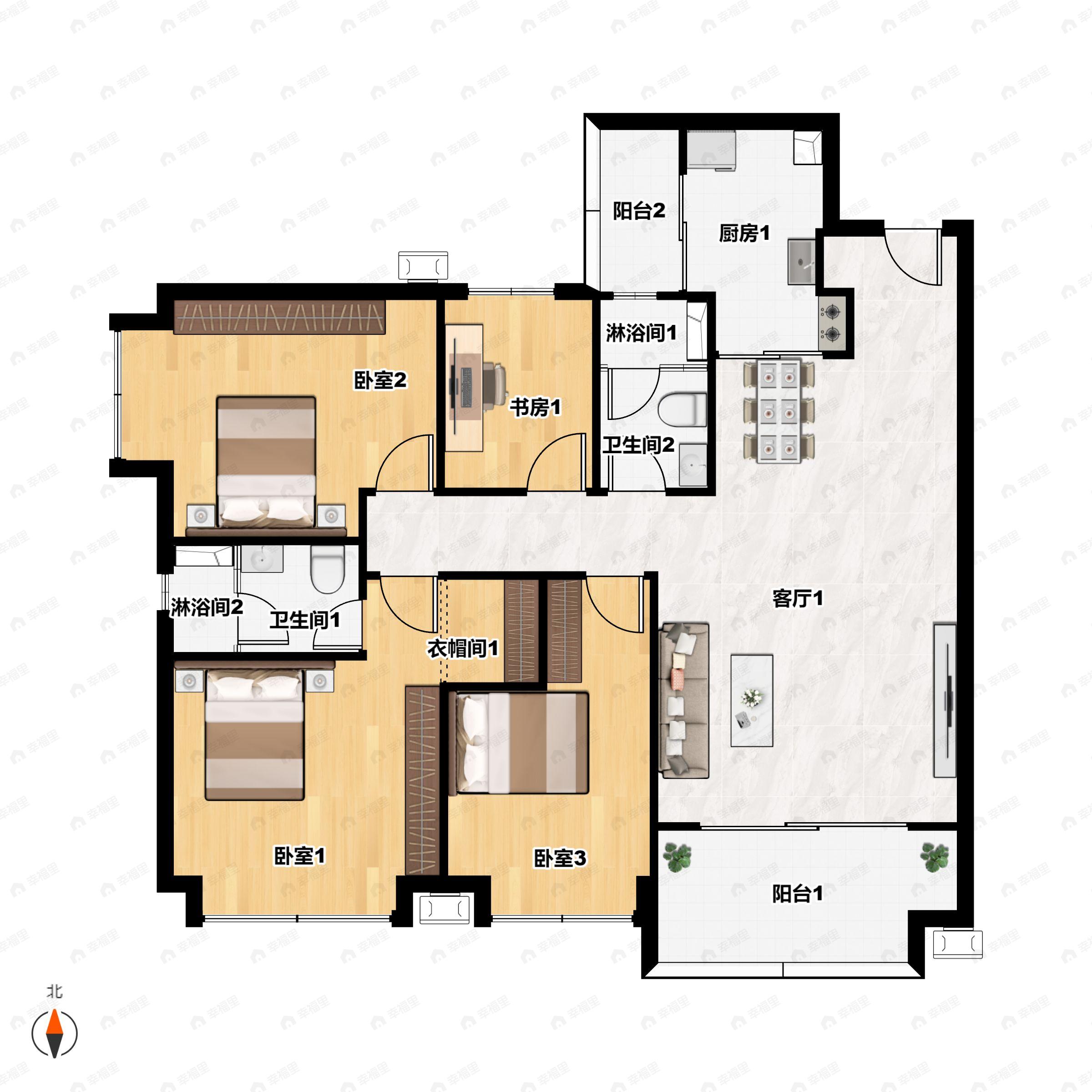 4室2厅2卫建面131平南户型图