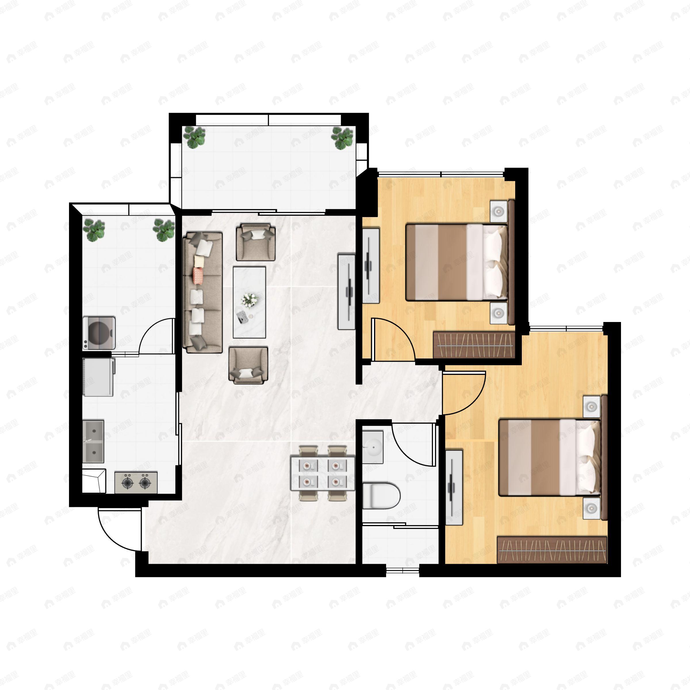 2室2厅1卫建面87m²东北户型图