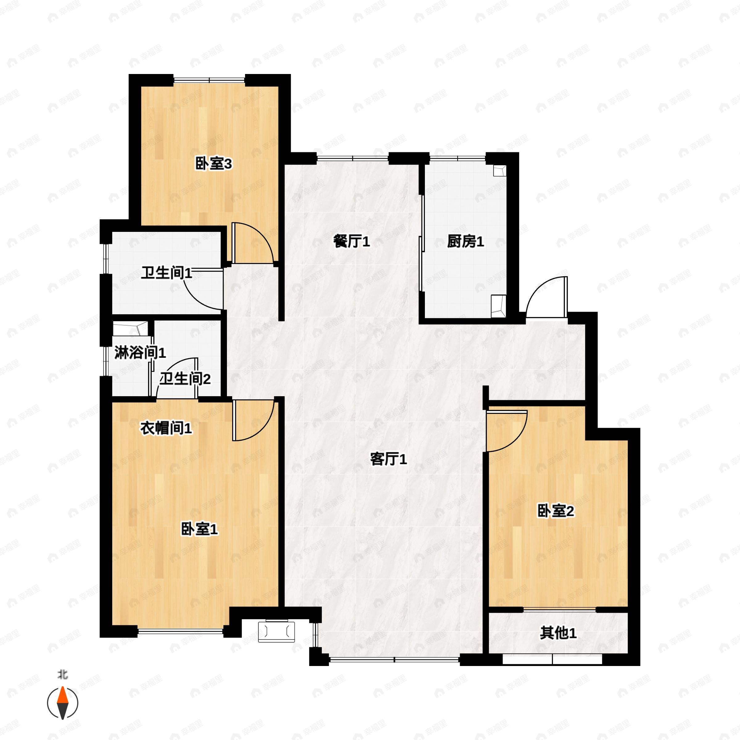3室2厅2卫建面119平北|南户型图