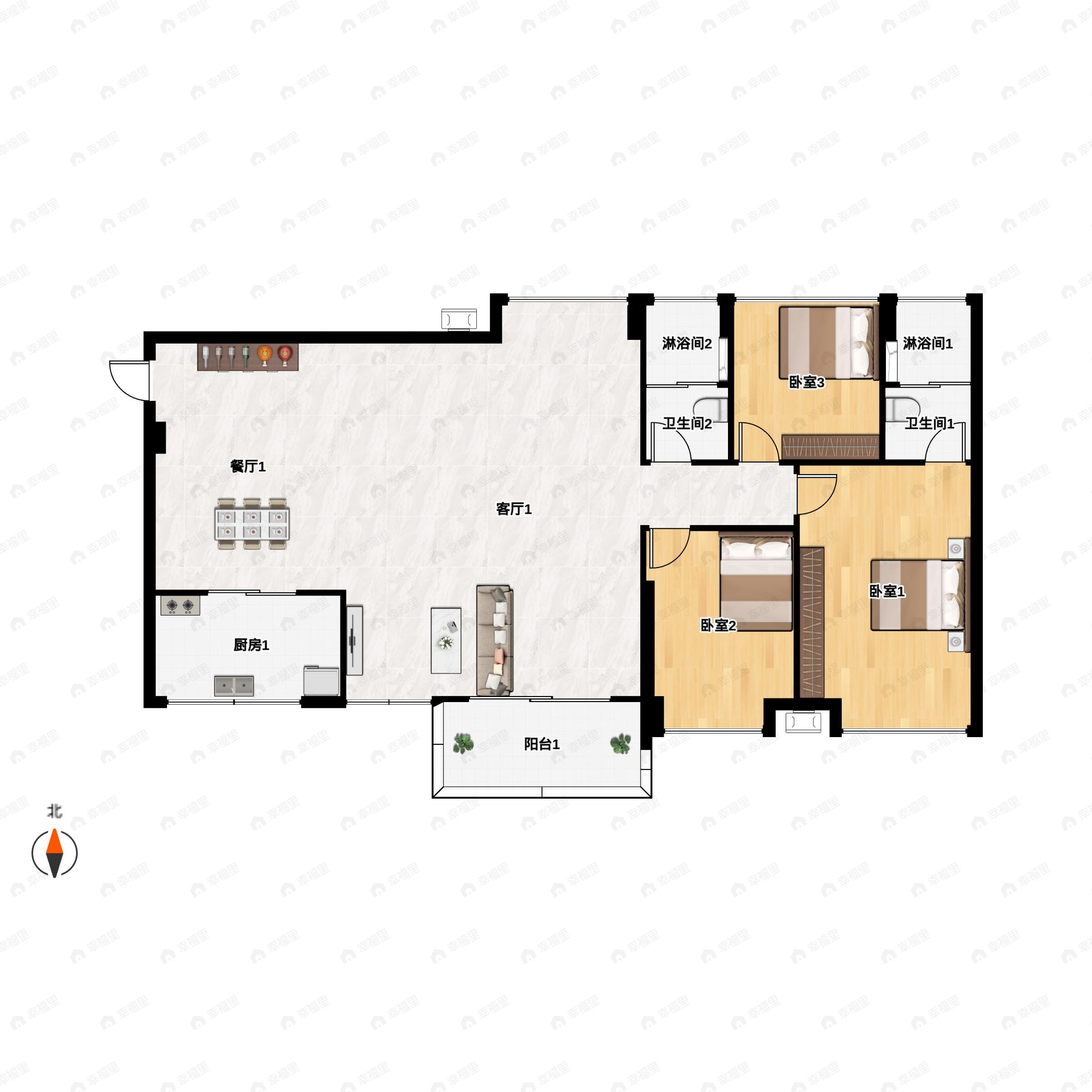 3室2厅2卫建面116m²南户型图